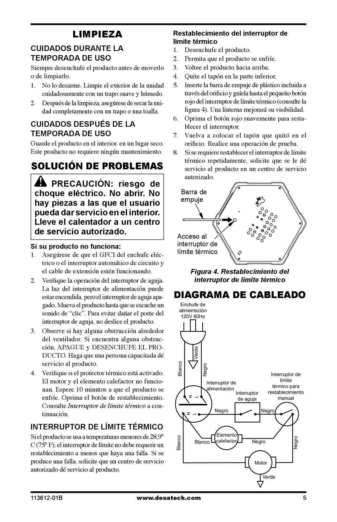 Desa PD15EA owner manual Limpieza, Diagrama De Cableado, Solución De Problemas, Cuidados Durante La Temporada De Uso 