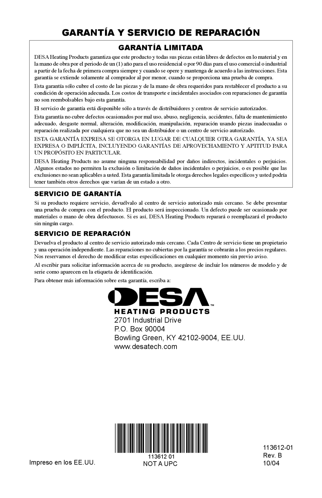 Desa PD15EA owner manual Garantía Y Servicio De Reparación, Garantía Limitada, Industrial Drive P.O. Box, 113612-01 