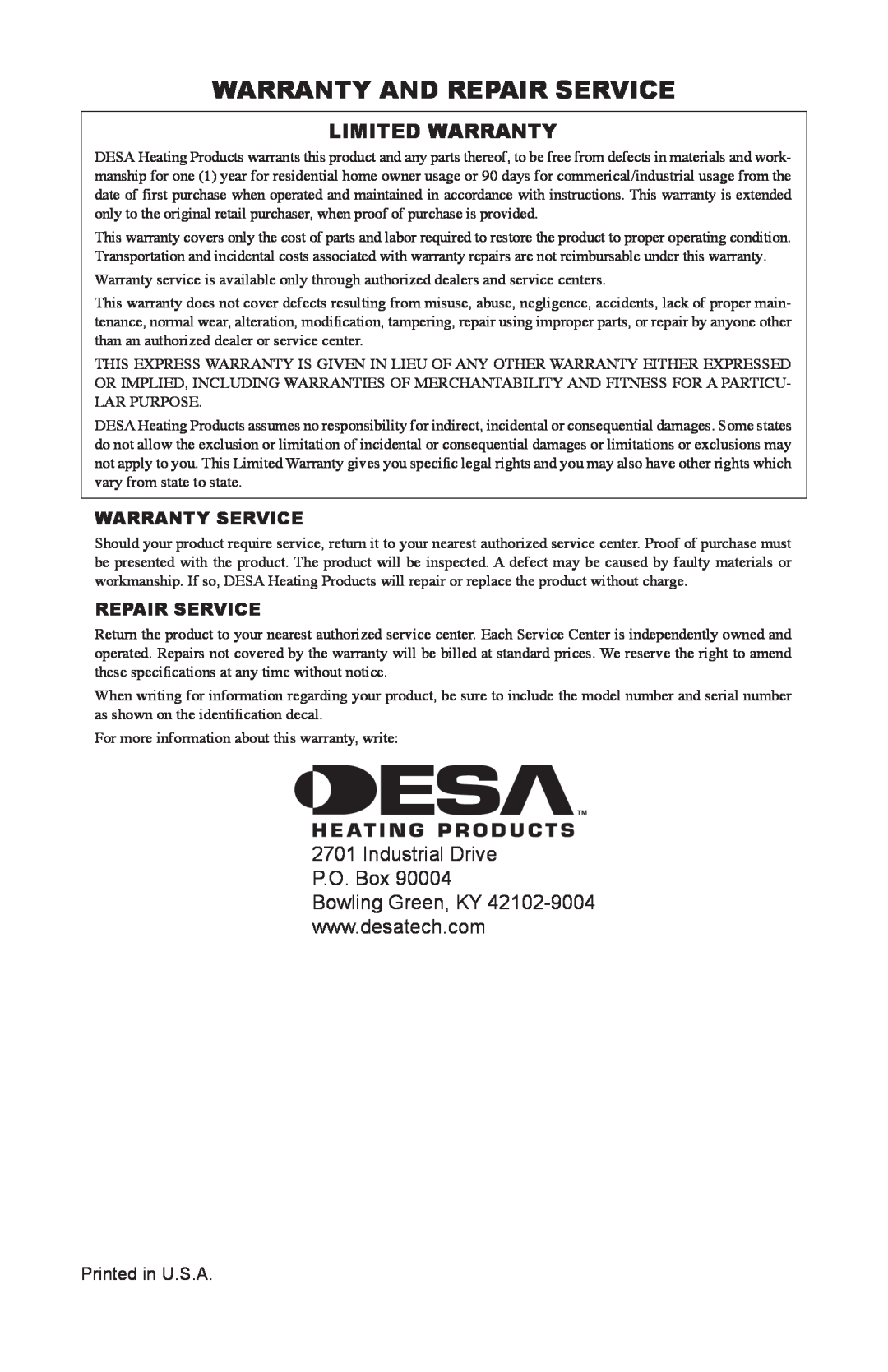 Desa PD15EA owner manual Warranty And Repair Service, Limited Warranty, Industrial Drive P.O. Box 