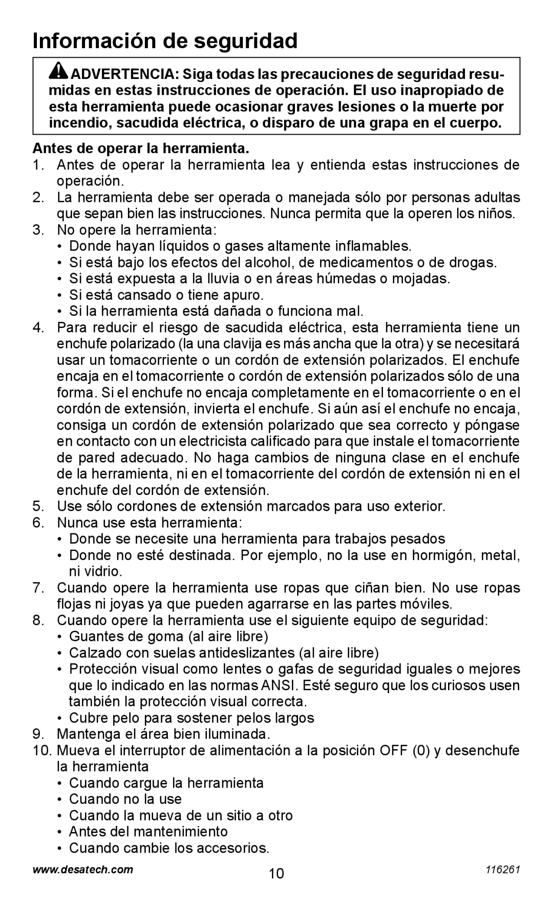 Desa PEBNS11/4-B operating instructions Información de seguridad, Antes de operar la herramienta 