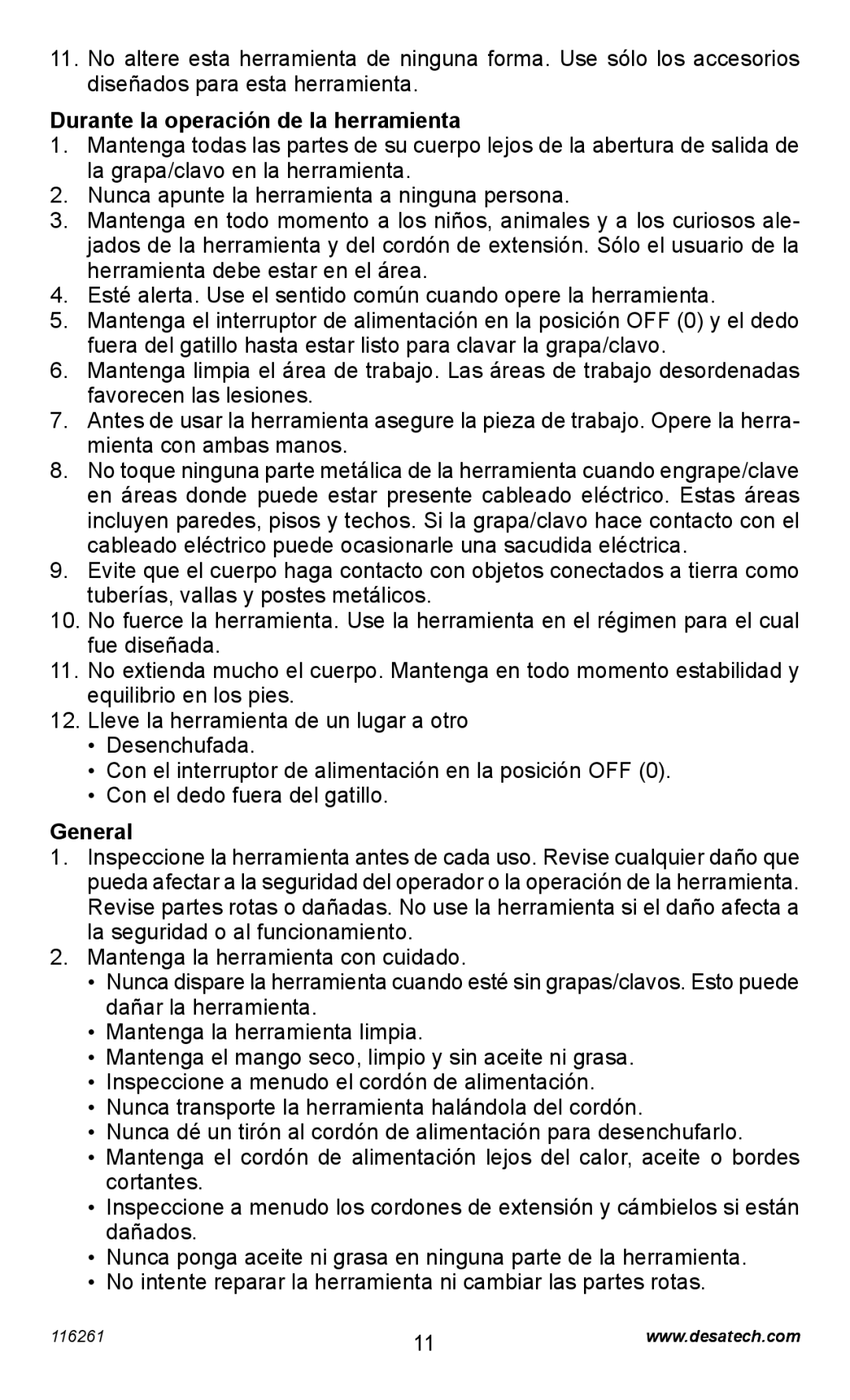 Desa PEBNS11/4-B operating instructions Durante la operación de la herramienta, General 