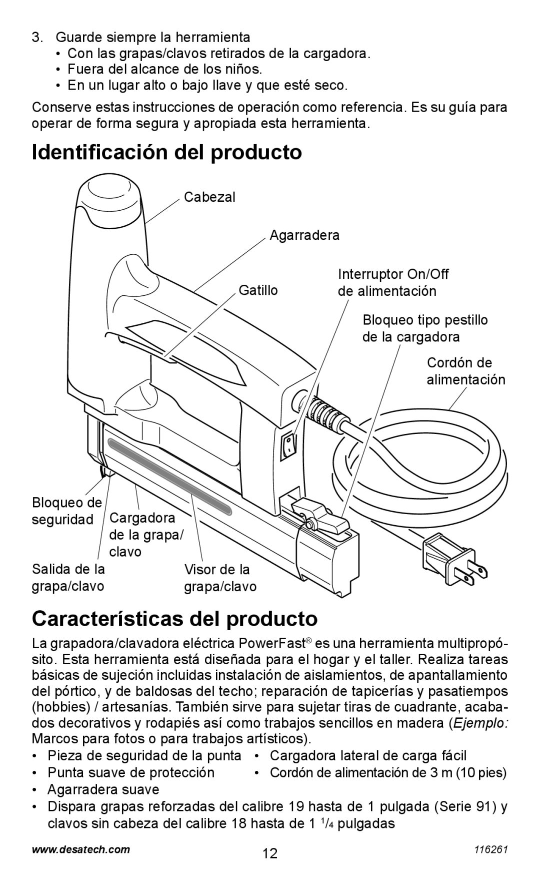 Desa PEBNS11/4-B operating instructions Identiﬁcación del producto, Características del producto 