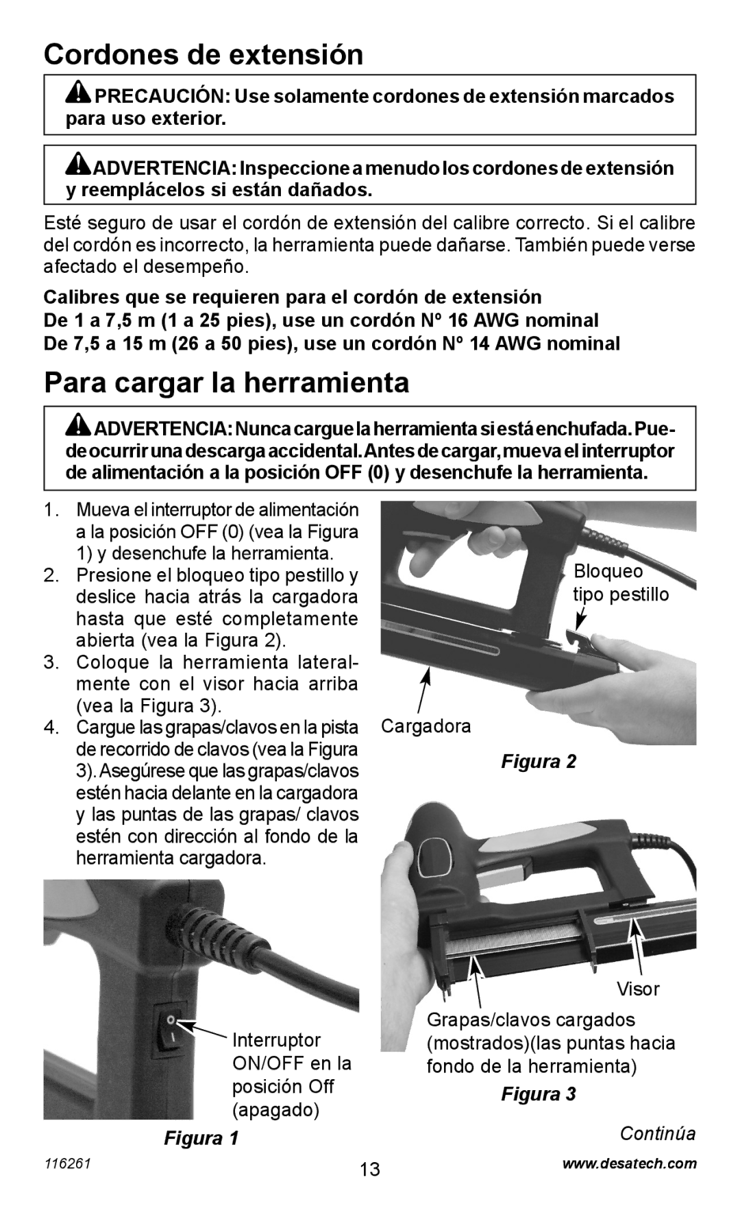 Desa PEBNS11/4-B Cordones de extensión, Para cargar la herramienta, Calibres que se requieren para el cordón de extensión 