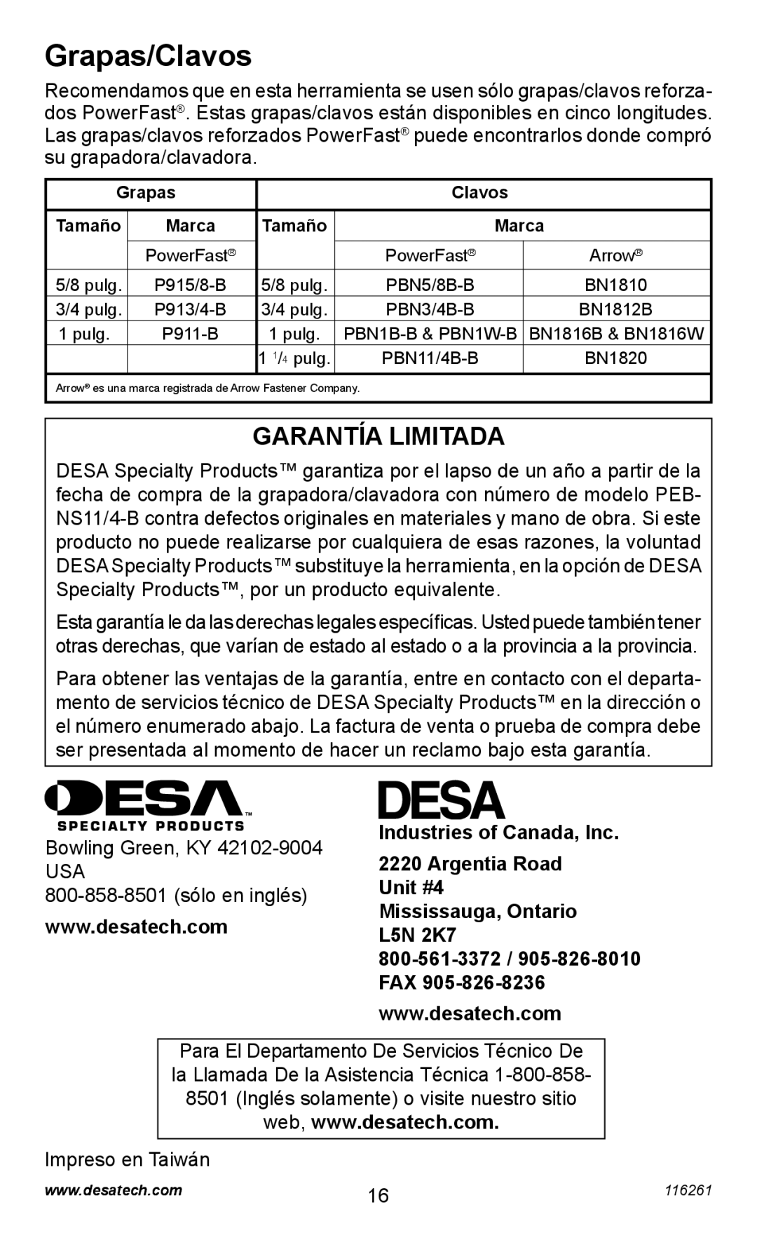 Desa PEBNS11/4-B operating instructions Grapas/Clavos, Bowling Green, KY Industries of Canada, Inc Argentia Road 