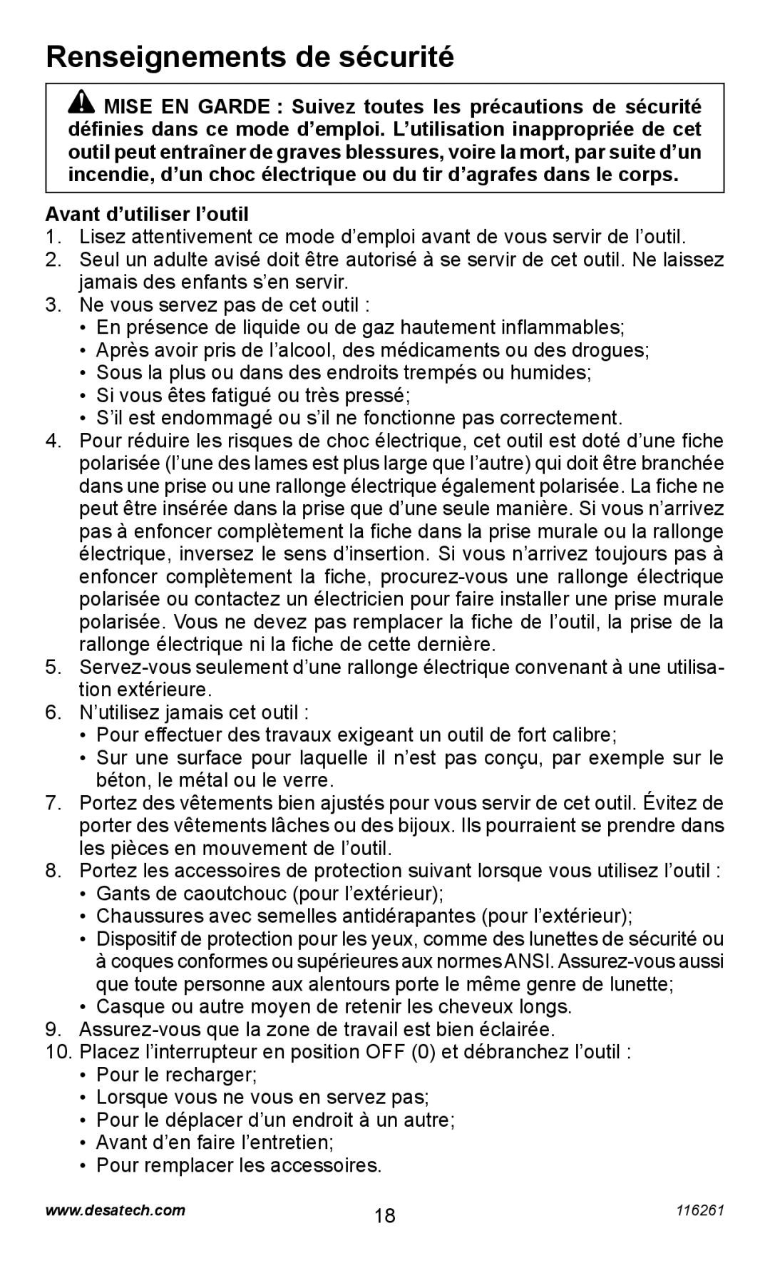 Desa PEBNS11/4-B operating instructions Renseignements de sécurité, Avant d’utiliser l’outil 