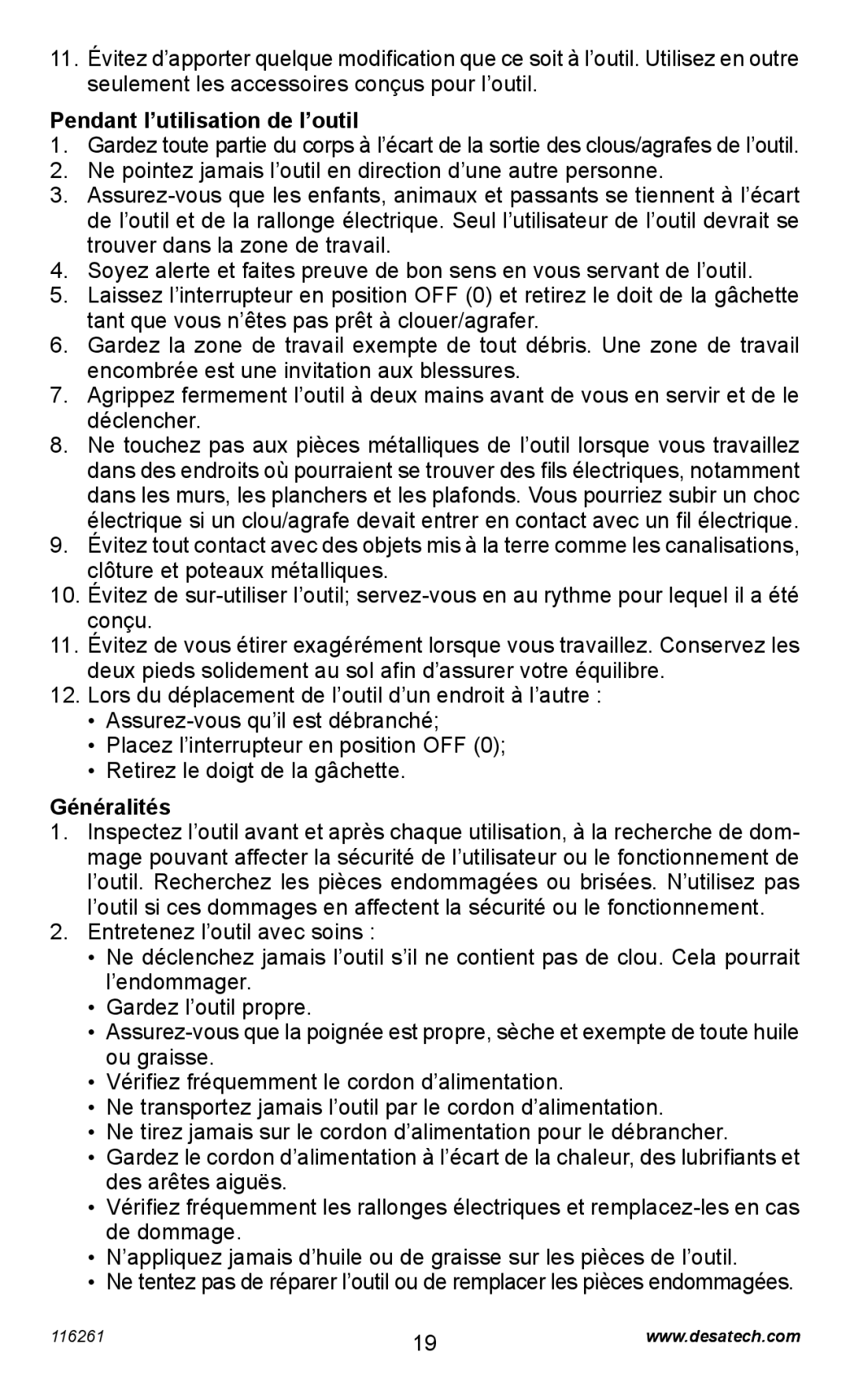 Desa PEBNS11/4-B operating instructions Pendant l’utilisation de l’outil, Généralités 