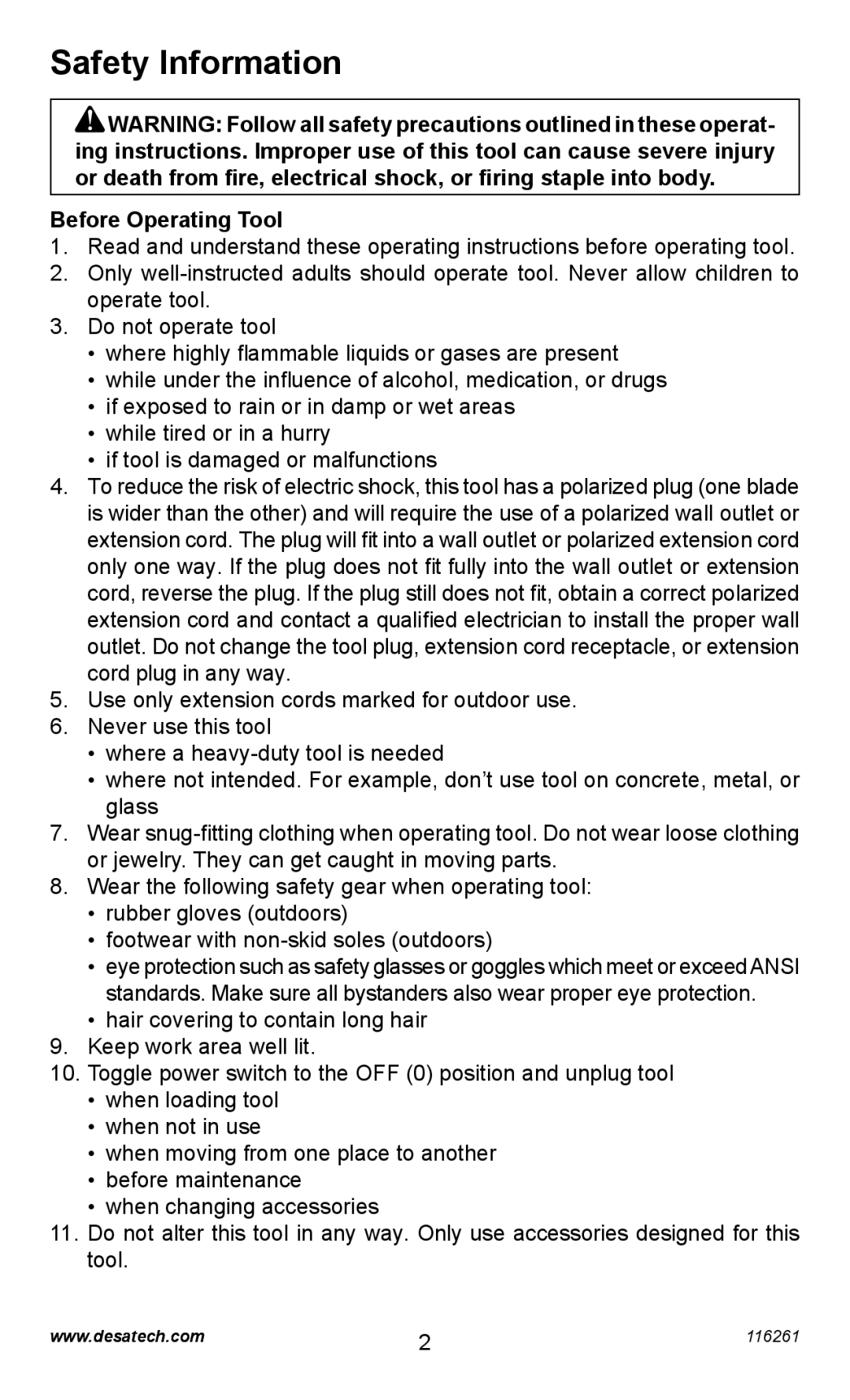 Desa PEBNS11/4-B operating instructions Safety Information, Before Operating Tool 