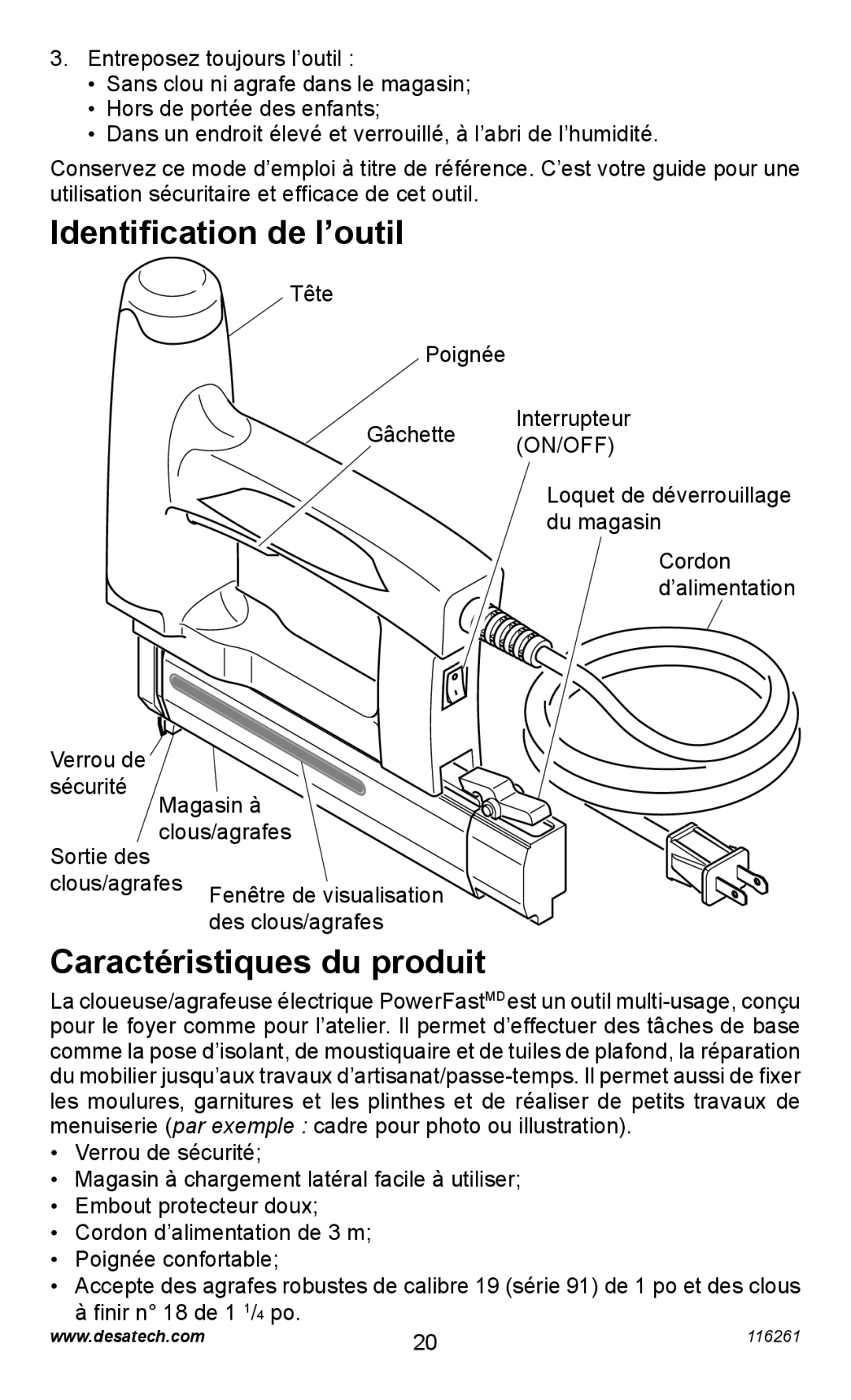 Desa PEBNS11/4-B operating instructions Identiﬁcation de l’outil, Caractéristiques du produit 