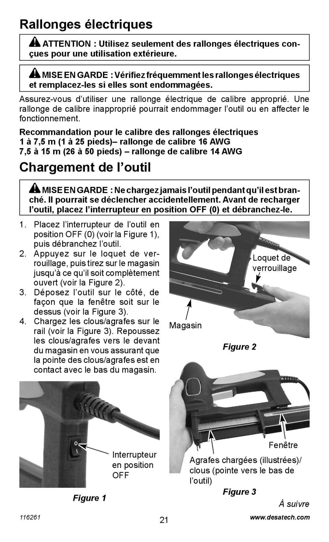 Desa PEBNS11/4-B Rallonges électriques, Chargement de l’outil, À 15 m 26 à 50 pieds rallonge de calibre 14 AWG 