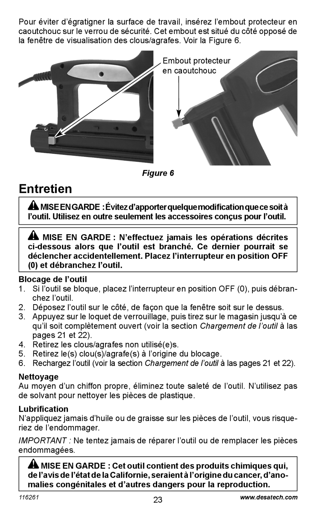 Desa PEBNS11/4-B operating instructions Entretien, Et débranchez l’outil Blocage de l’outil, Nettoyage, Lubriﬁcation 