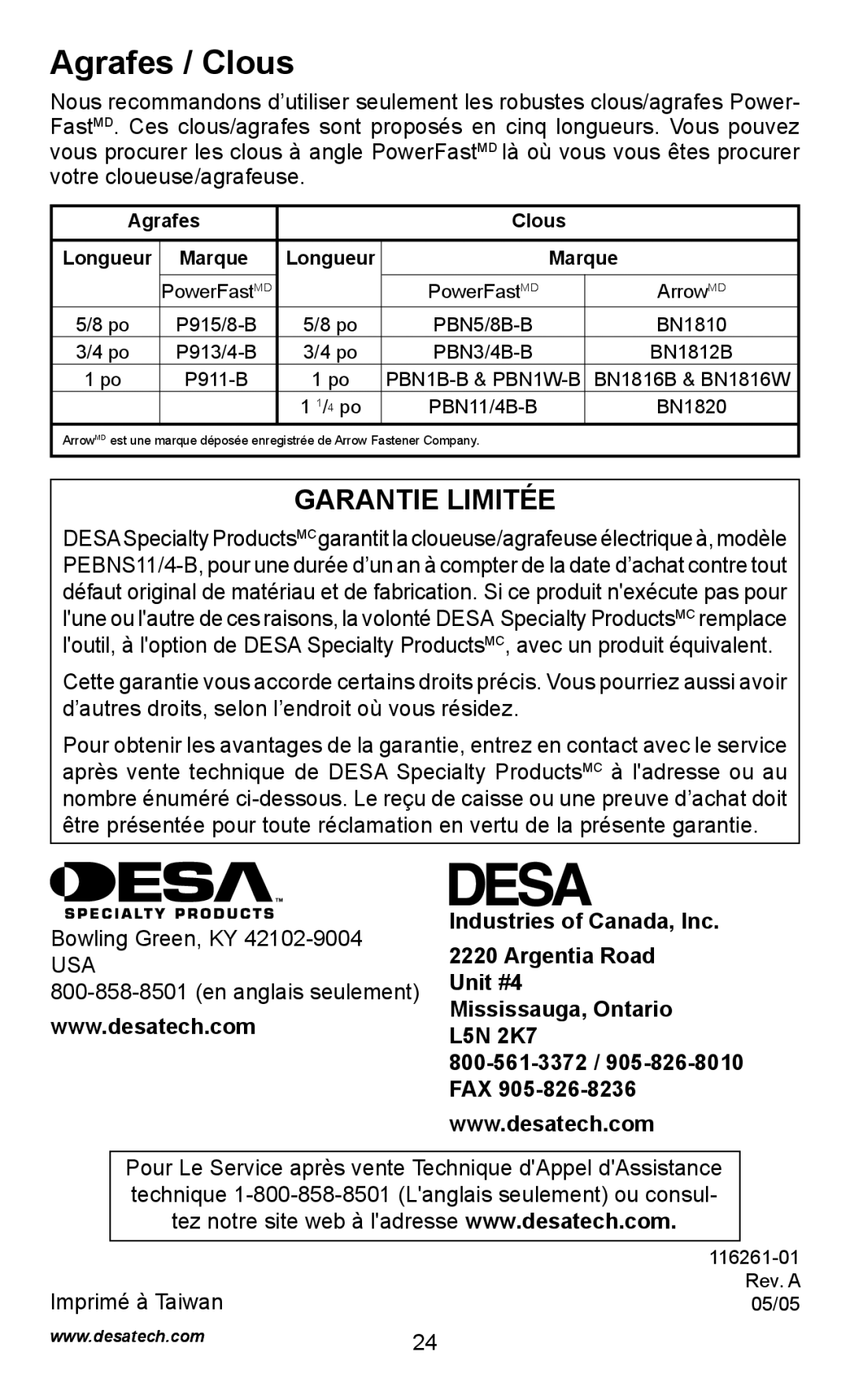 Desa PEBNS11/4-B operating instructions Agrafes / Clous, Imprimé à Taiwan 