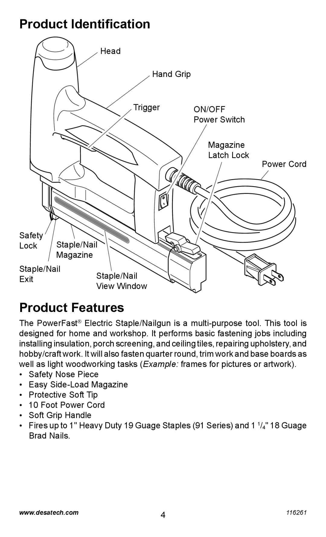 Desa PEBNS11/4-B operating instructions Product Identiﬁcation, Product Features 