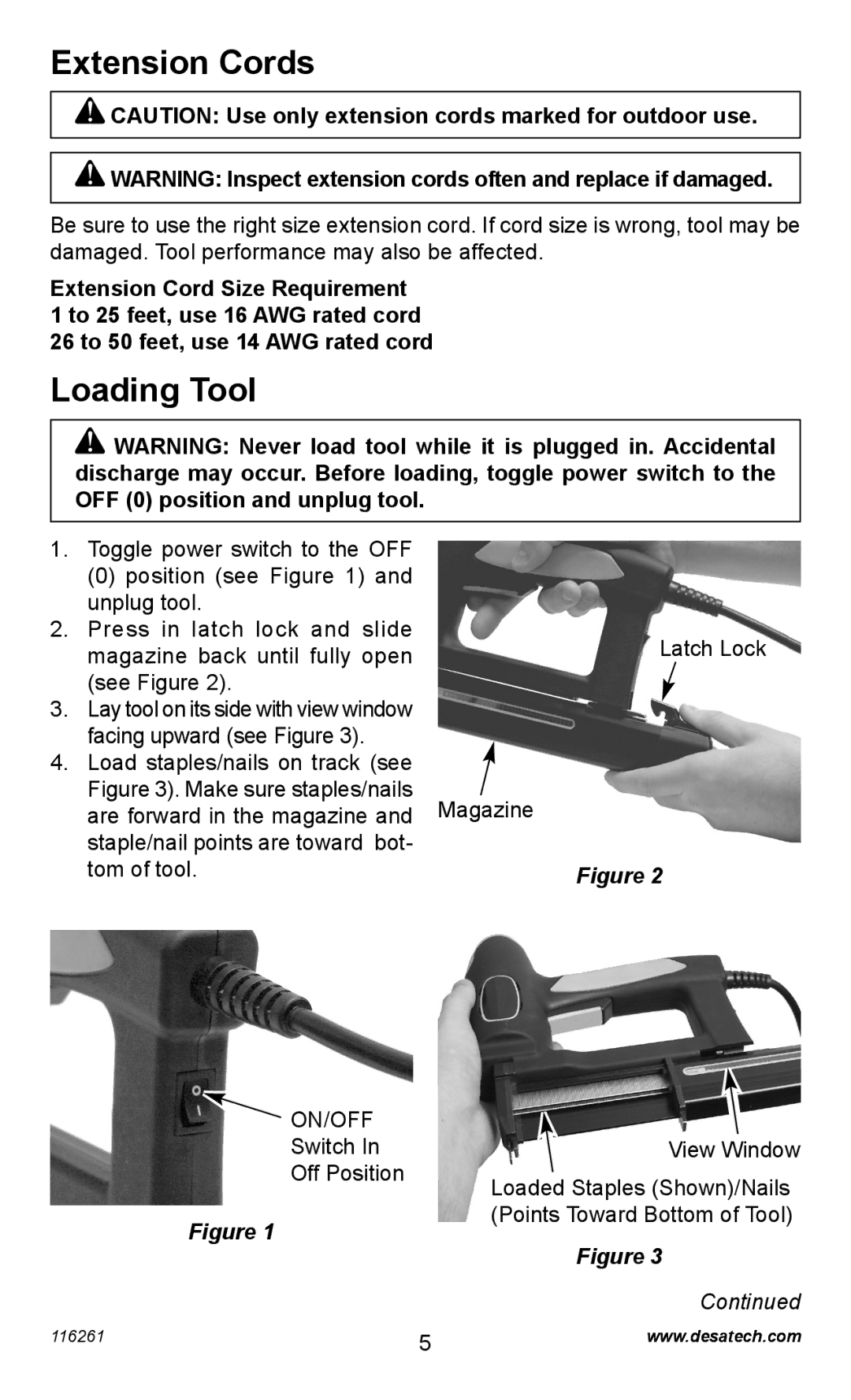 Desa PEBNS11/4-B operating instructions Extension Cords, Loading Tool 