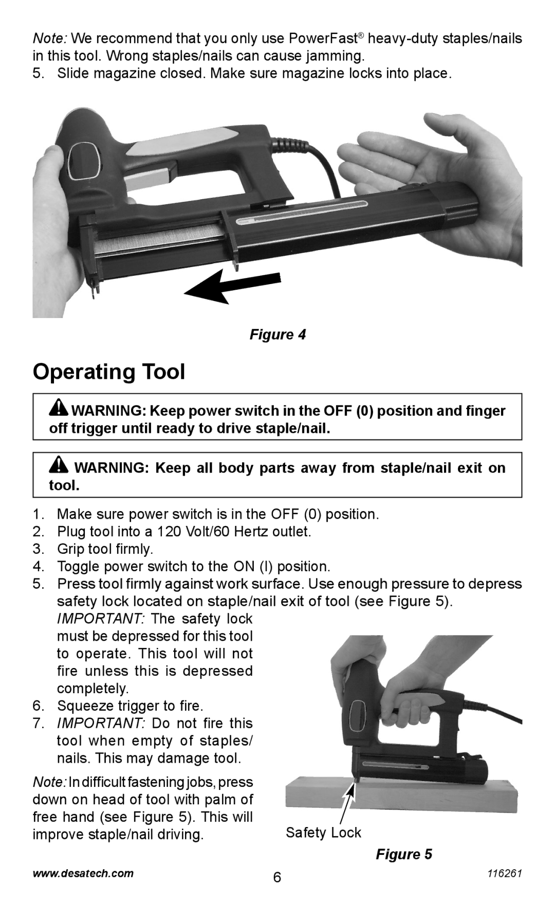 Desa PEBNS11/4-B operating instructions Operating Tool, Improve staple/nail driving 