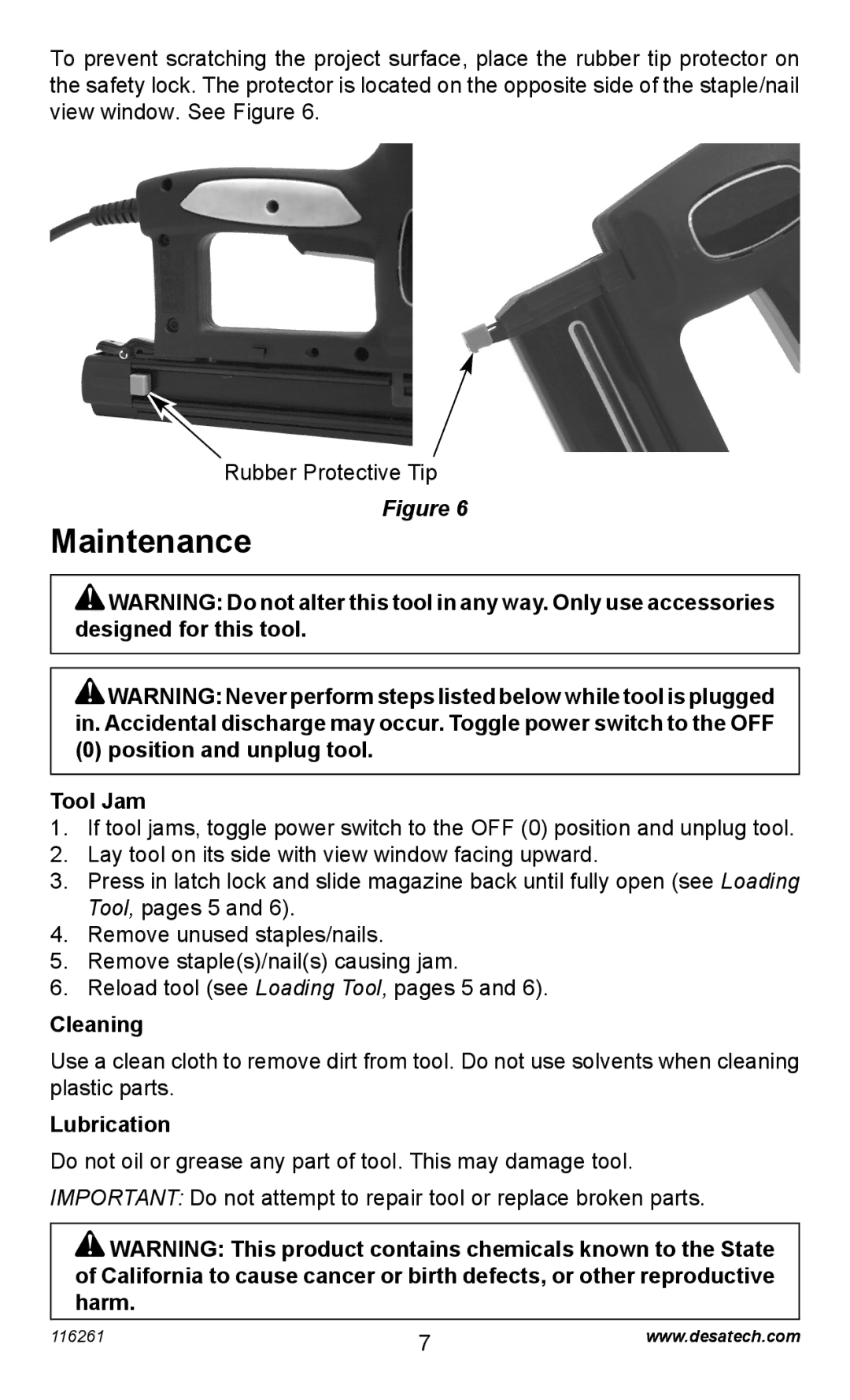 Desa PEBNS11/4-B operating instructions Maintenance, Position and unplug tool Tool Jam, Cleaning, Lubrication 