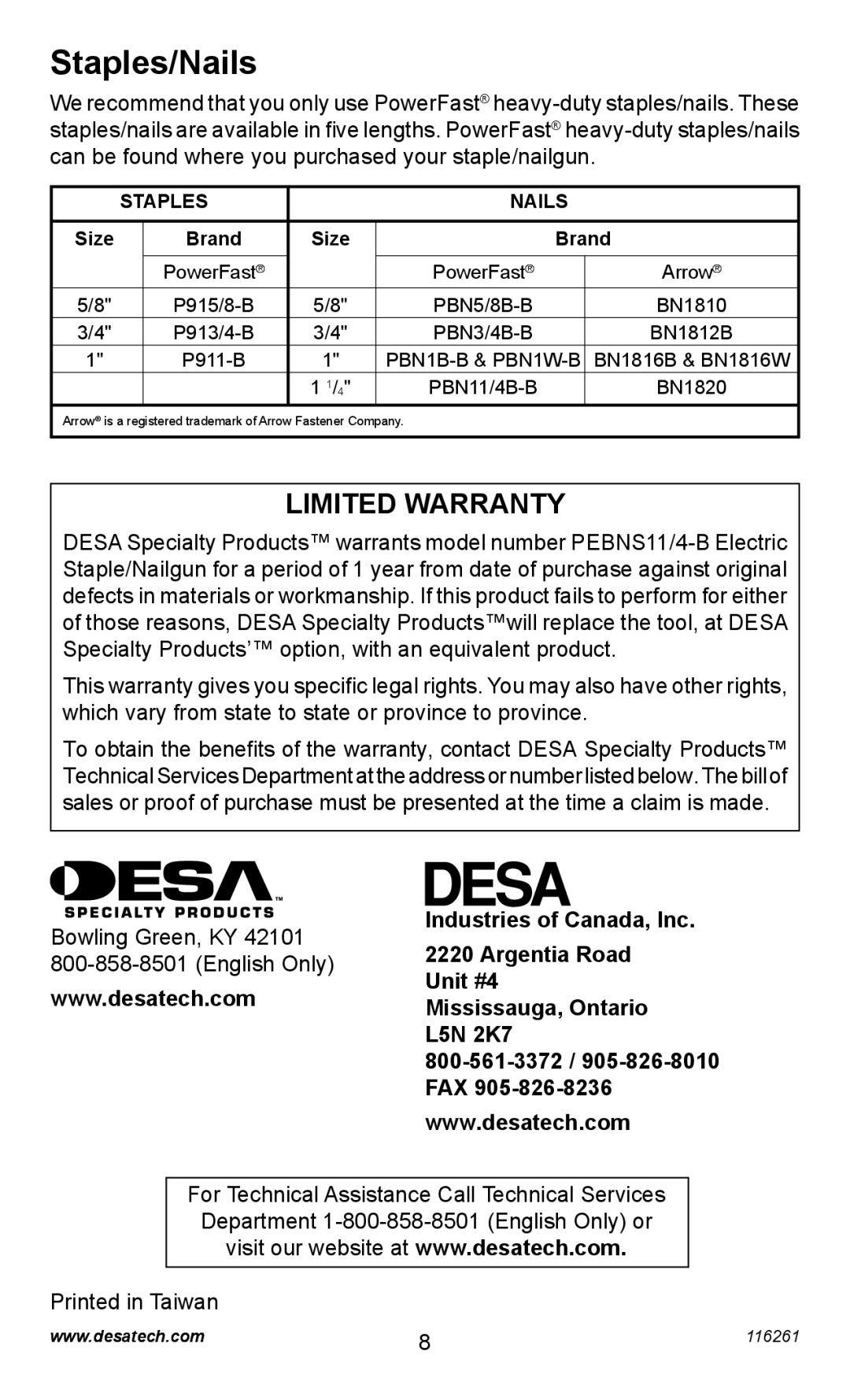 Desa PEBNS11/4-B operating instructions Staples/Nails, Staples Nails 