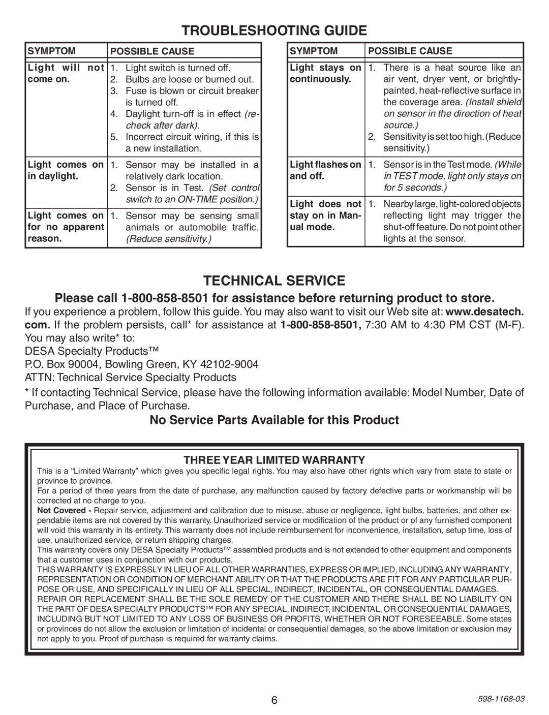 Desa PF-4305 warranty Troubleshooting Guide, Technical Service, No Service Parts Available for this Product 