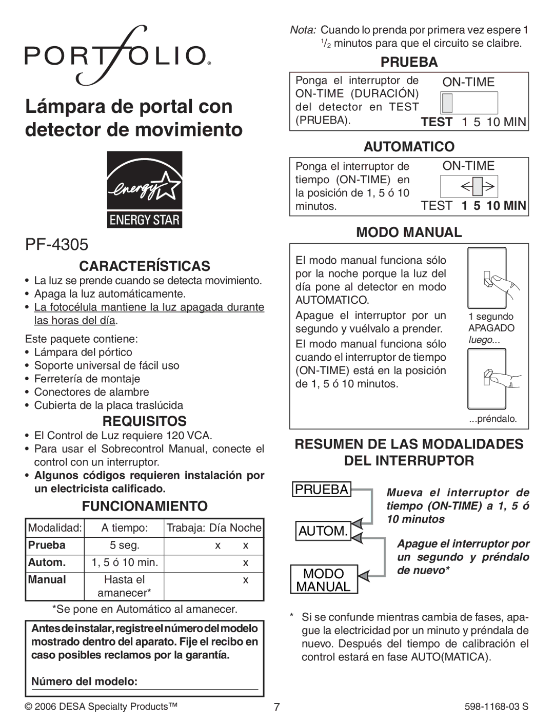 Desa PF-4305 Prueba, Automatico, Modo Manual Características, Requisitos, Resumen DE LAS Modalidades DEL Interruptor 