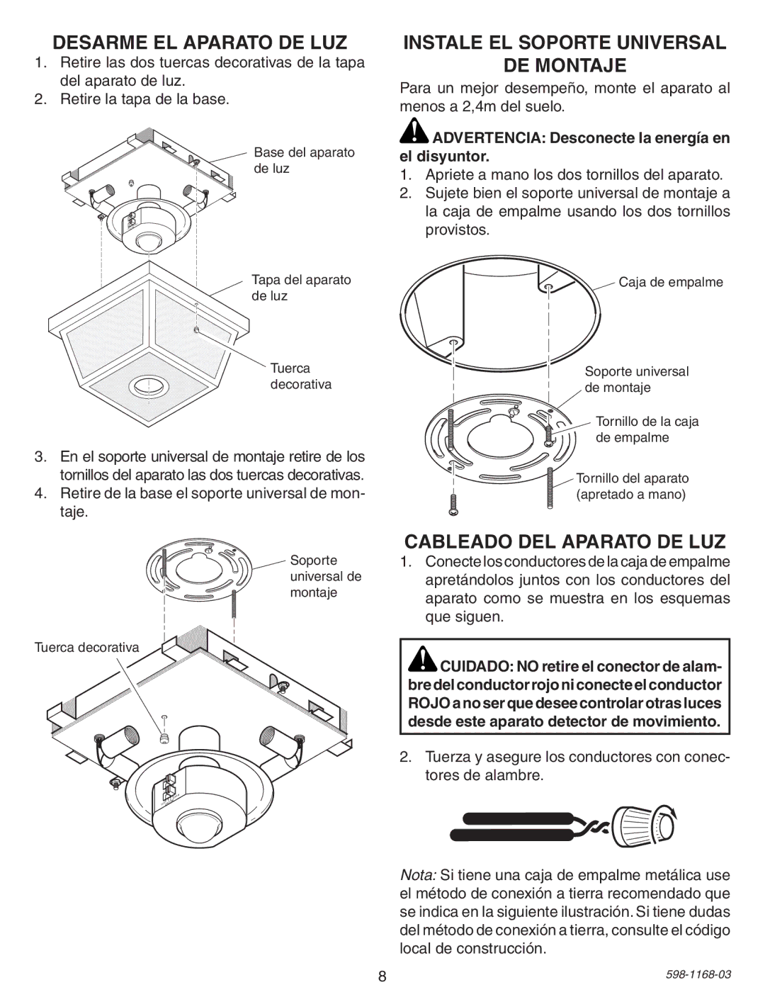 Desa PF-4305 warranty Desarme EL Aparato DE LUZ, Instale EL Soporte Universal DE Montaje, Cableado DEL Aparato DE LUZ 