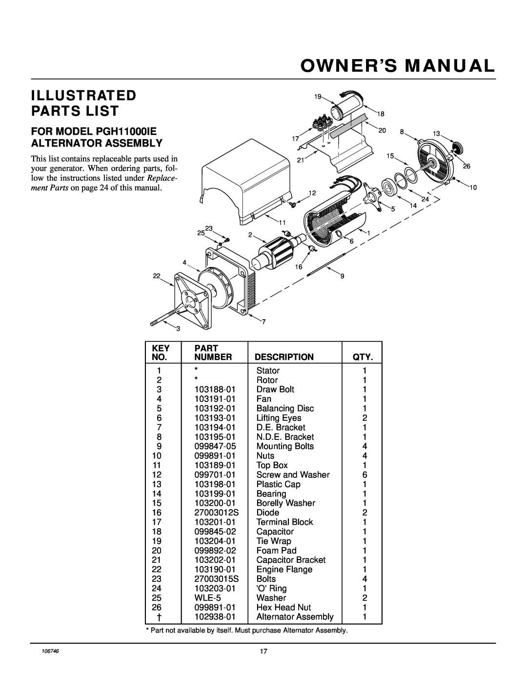 Desa PGH7500IE, PGH1100IE FOR MODEL PGH11000IE, Alternator Assembly, Owner’S Manual, Illustrated, Parts List 