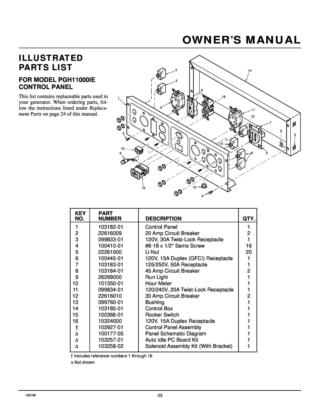 Desa PGH7500IE, PGH1100IE installation manual Illustrated, Parts List, FOR MODEL PGH11000IE, Control Panel 