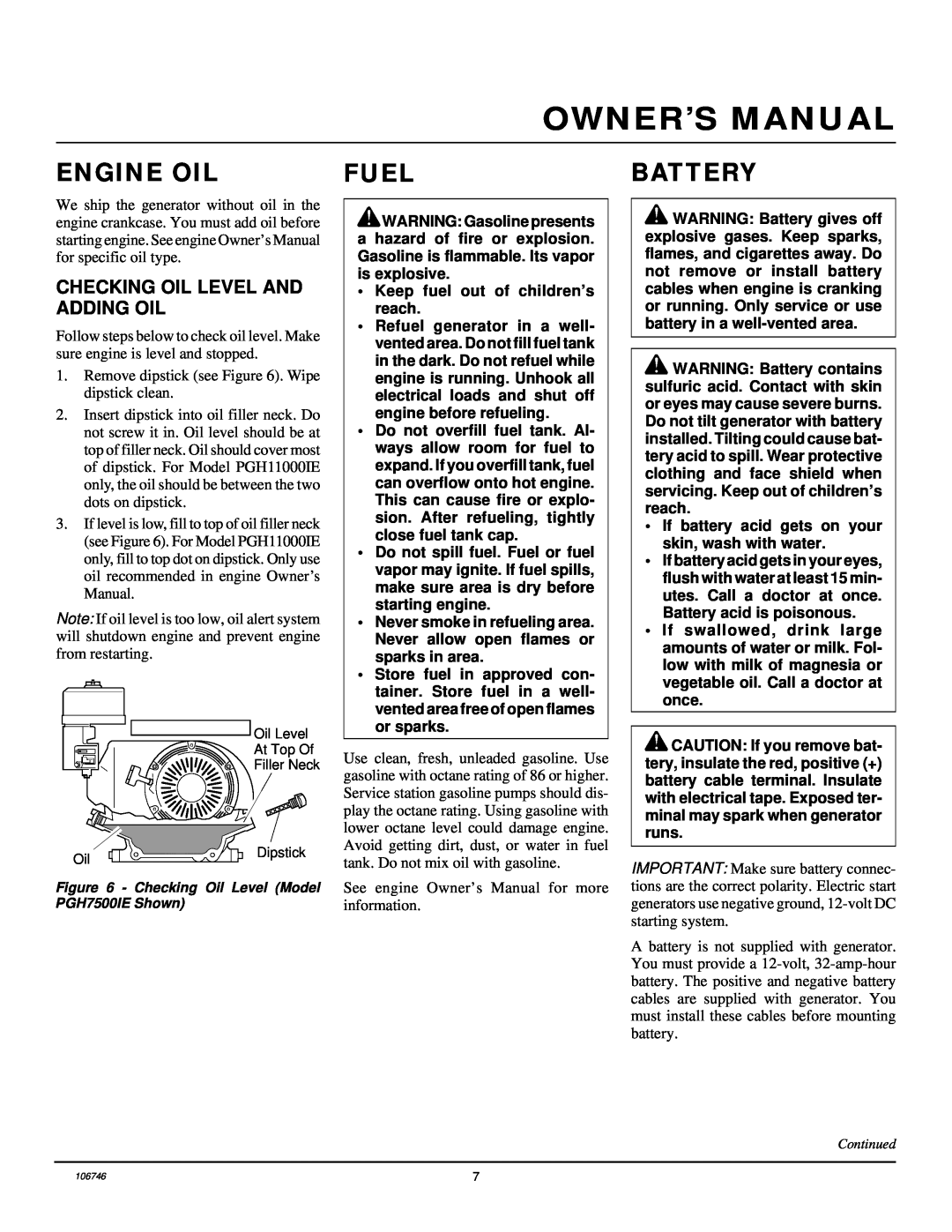 Desa PGH7500IE, PGH1100IE installation manual Engine Oil, Fuel, Battery, Checking Oil Level And Adding Oil 