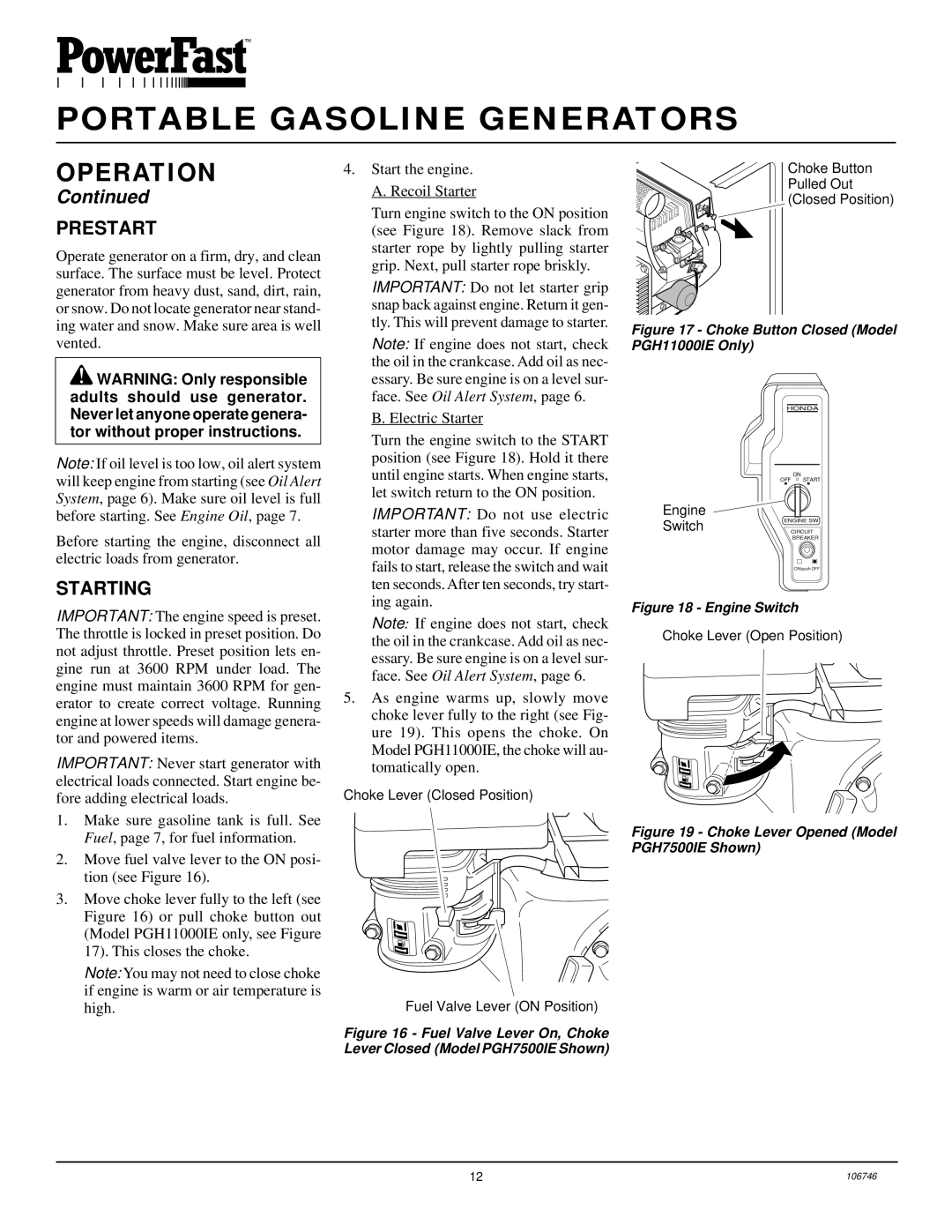 Desa PGH7500IE, PGH1100IE installation manual Prestart, Starting 