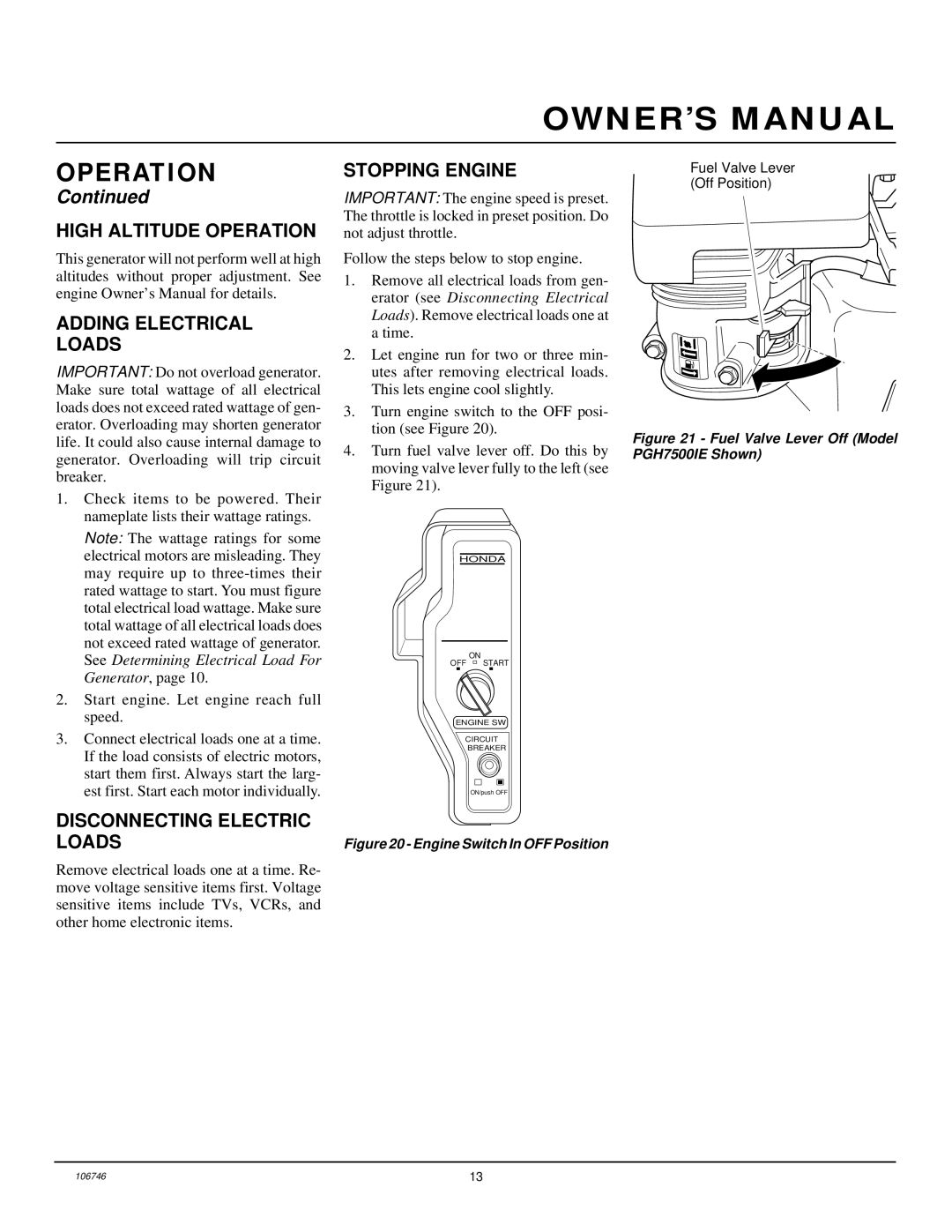 Desa PGH7500IE, PGH1100IE High Altitude Operation Adding Electrical Loads, Stopping Engine, Disconnecting Electric 