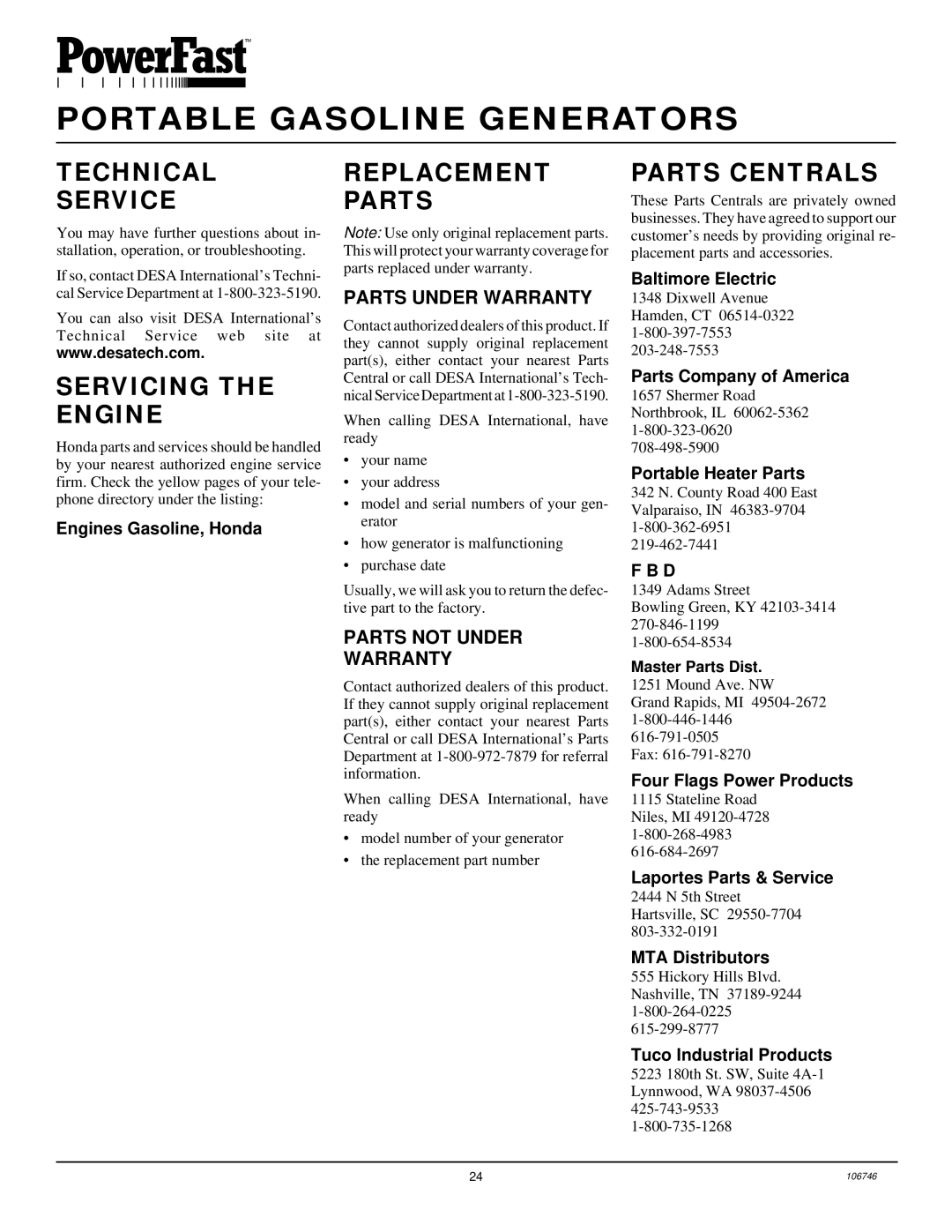 Desa PGH7500IE, PGH1100IE installation manual Technical Service, Servicing the Engine, Replacement Parts, Parts Centrals 