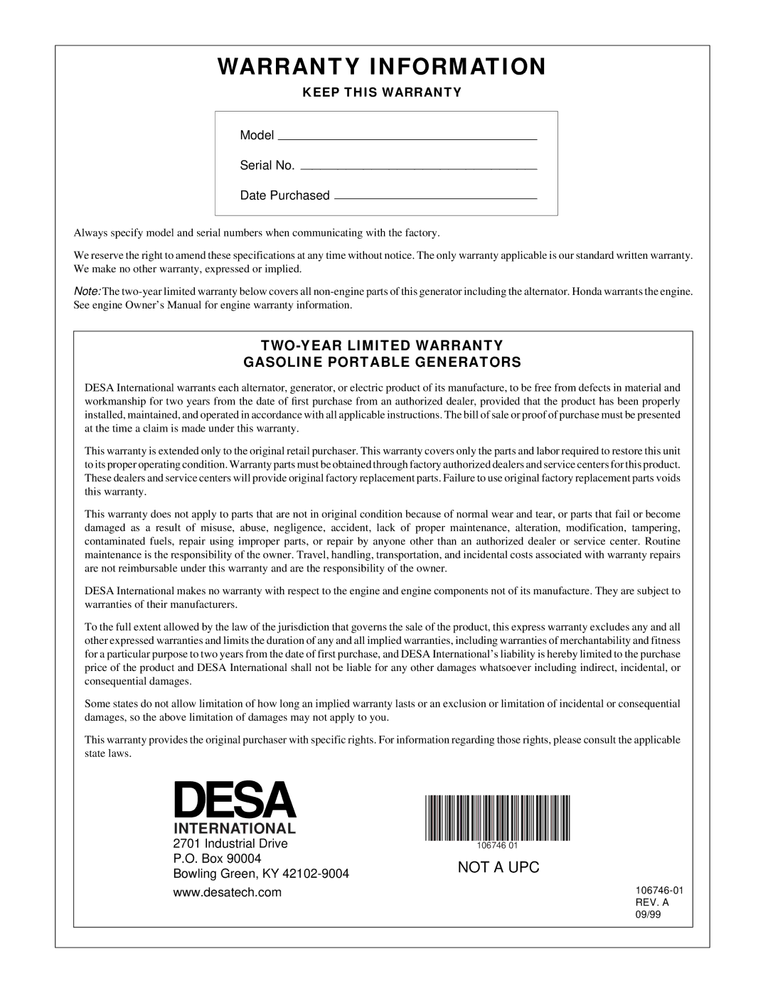 Desa PGH7500IE, PGH1100IE installation manual Warranty Information, International 