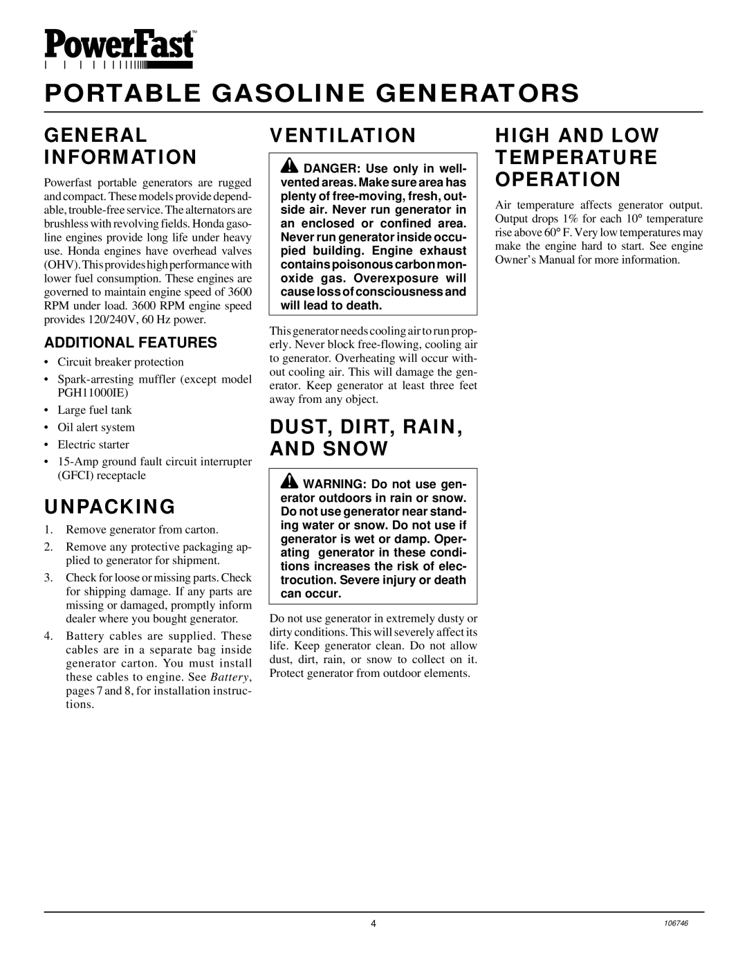 Desa PGH7500IE, PGH1100IE installation manual General Information, Unpacking, Ventilation, DUST, DIRT, Rain Snow 