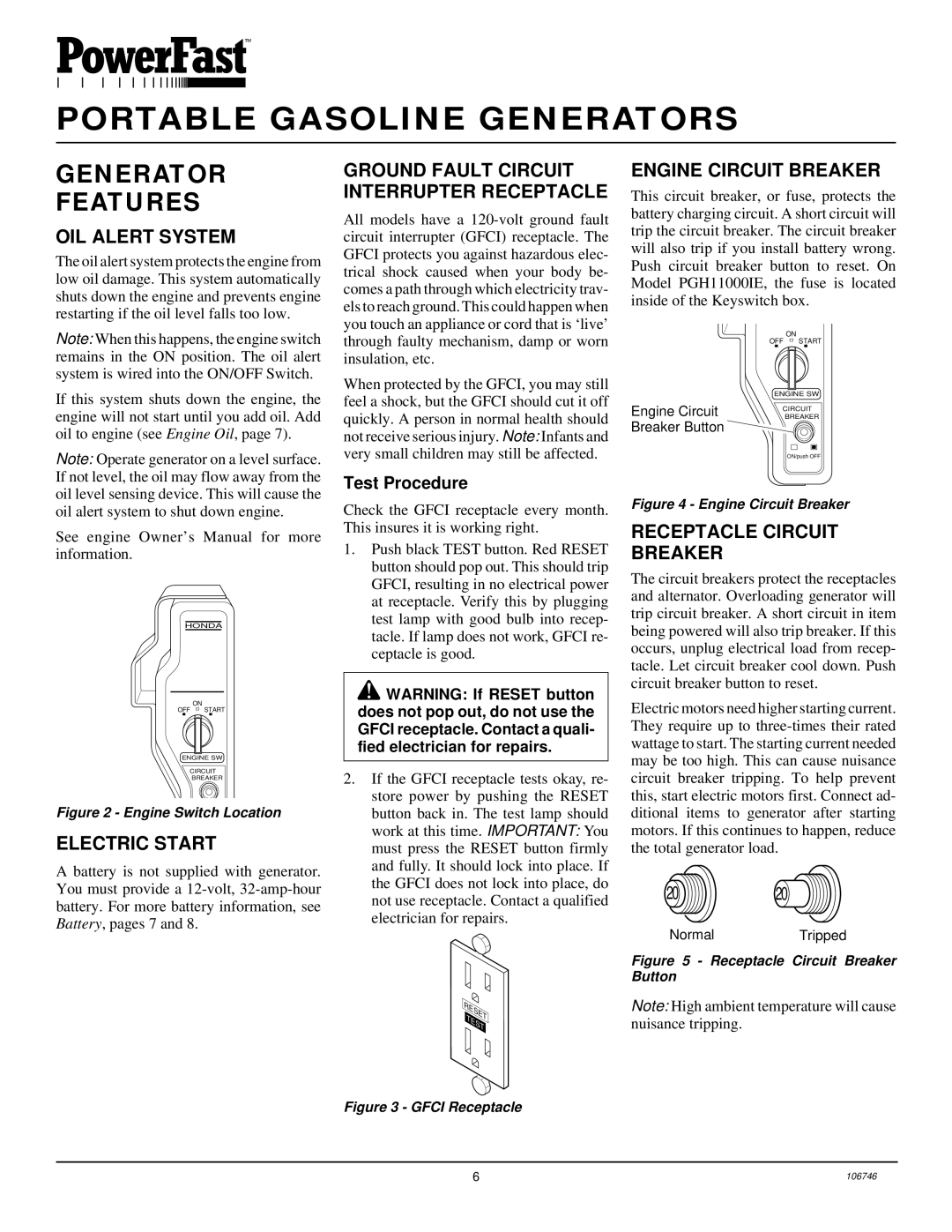 Desa PGH7500IE, PGH1100IE installation manual Generator Features, OIL Alert System, Engine Circuit Breaker, Electric Start 