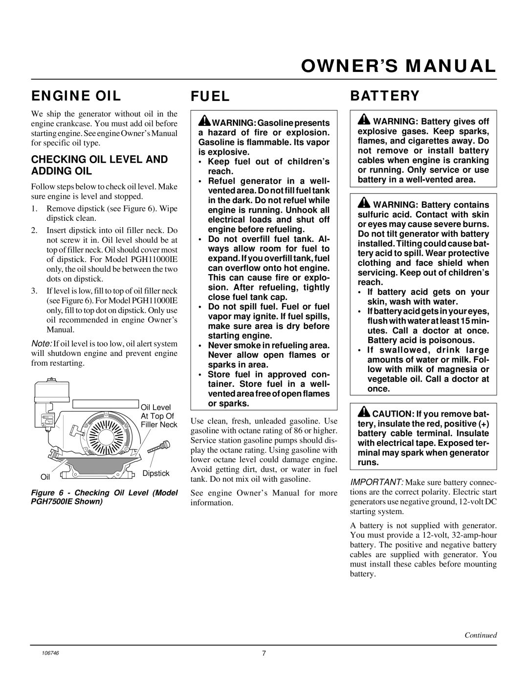 Desa PGH7500IE, PGH1100IE installation manual Engine OIL, Fuel, Battery, Checking OIL Level and Adding OIL 