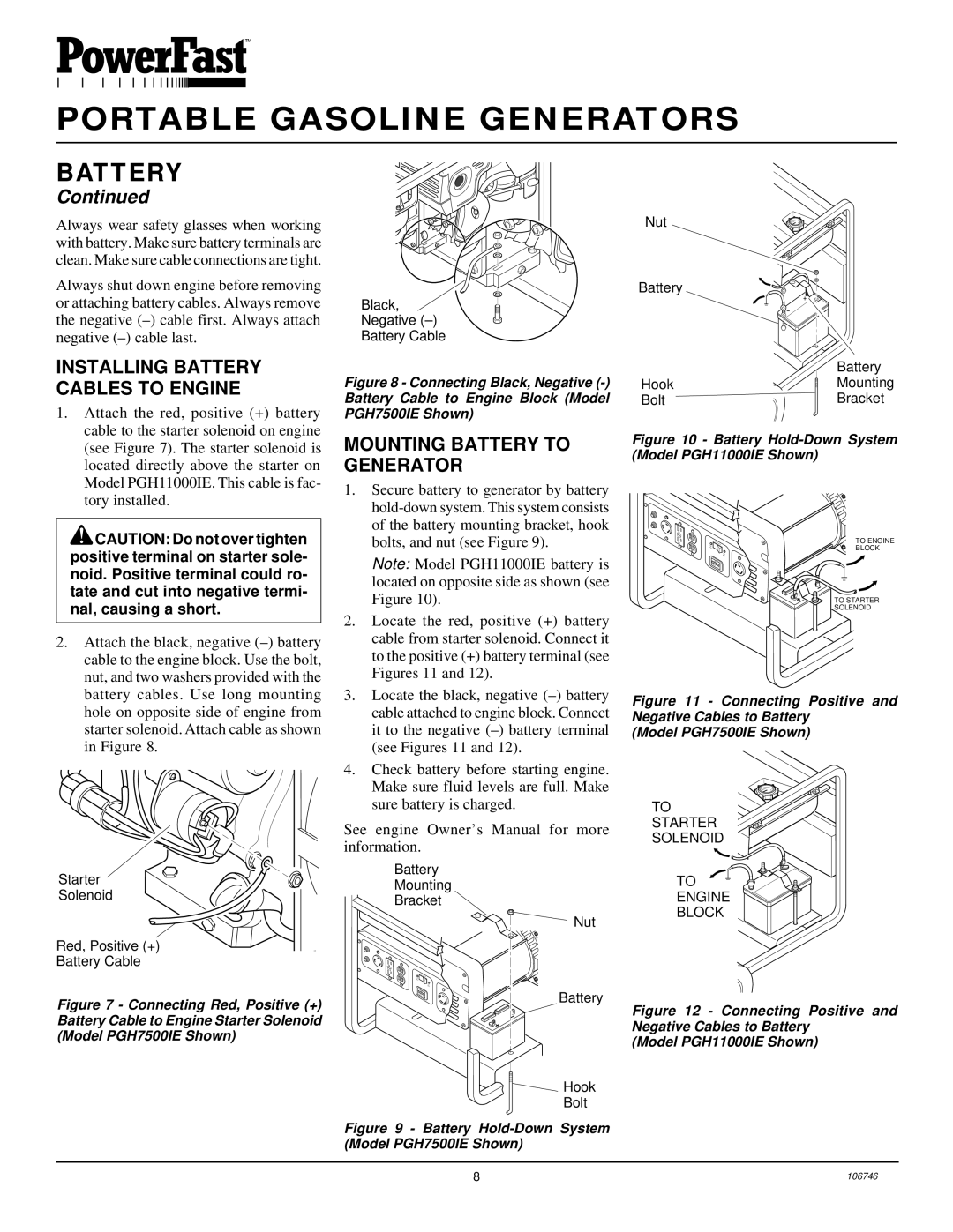 Desa PGH7500IE, PGH1100IE installation manual Installing Battery Cables to Engine, Mounting Battery to Generator 