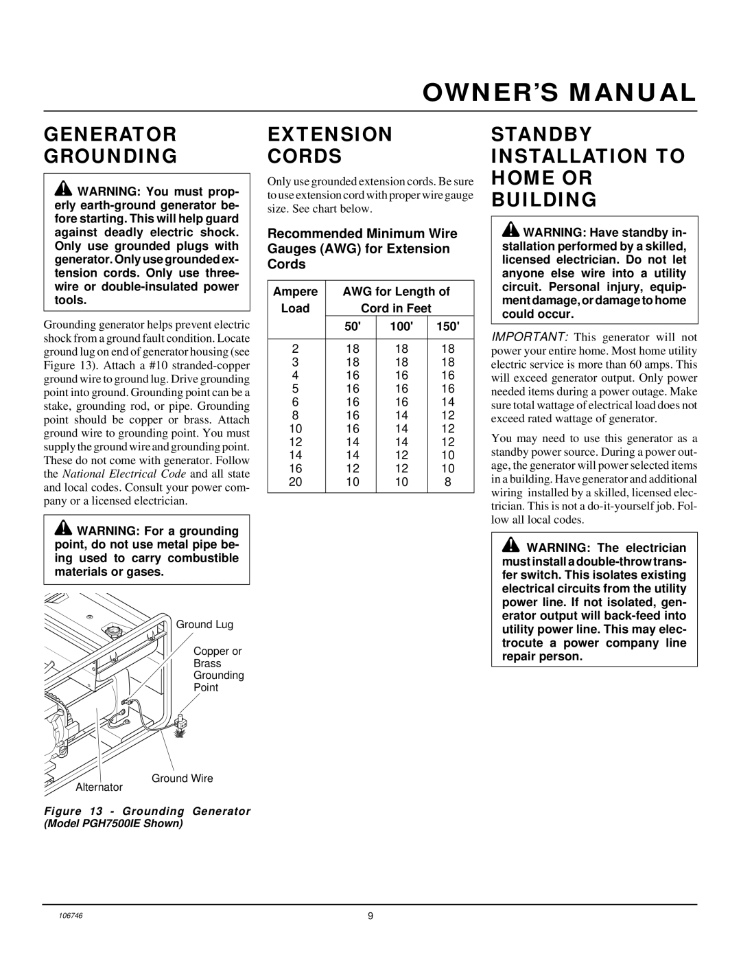 Desa PGH7500IE, PGH1100IE Generator Grounding, Extension Cords, Standby Installation to Home or Building 