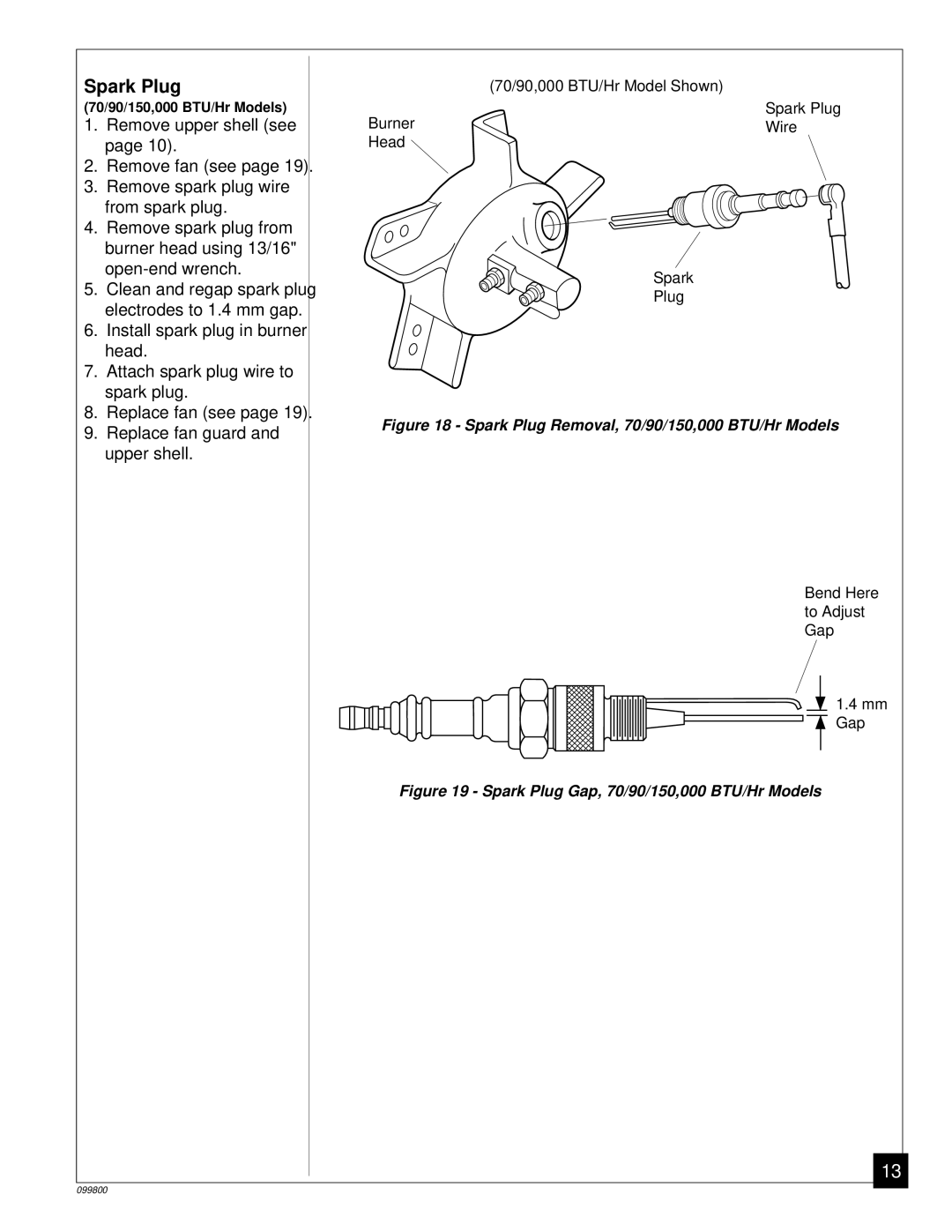 Desa PH70EDI, PH30EDI, PH150EDI, PH100EDI owner manual Spark Plug Removal, 70/90/150,000 BTU/Hr Models 