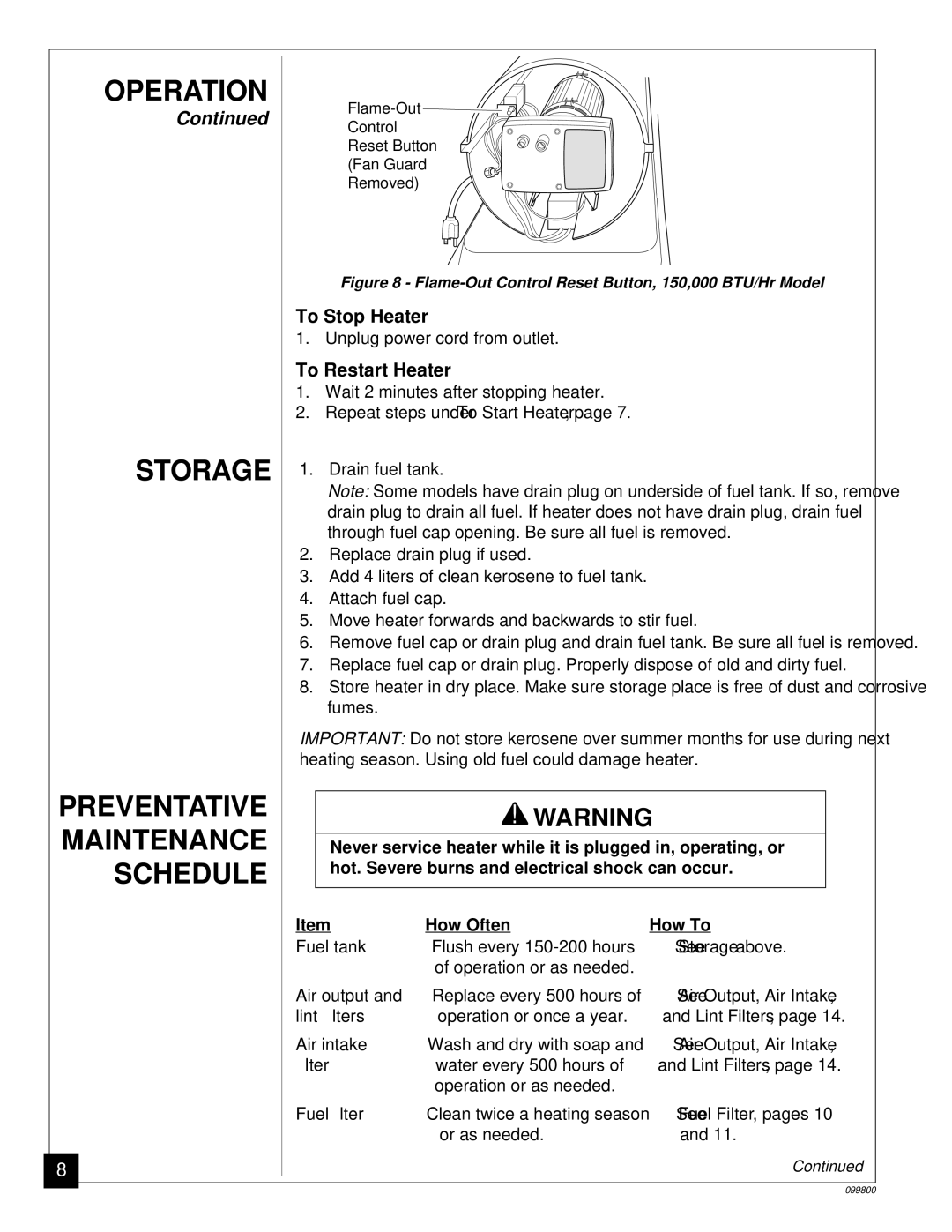 Desa PH30EDI, PH70EDI, PH150EDI, PH100EDI Storage, Preventative Maintenance, Schedule, To Stop Heater, To Restart Heater 