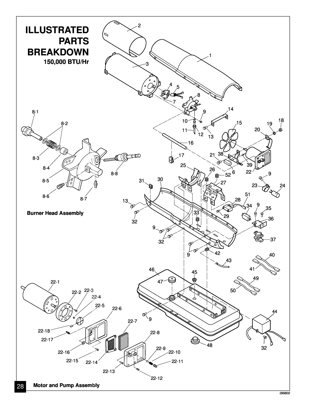 Desa PH30EDI, PH70EDI Illustrated, Parts, 150,000 BTU/Hr, Breakdown, Burner Head Assembly, 28Motor and Pump Assembly 