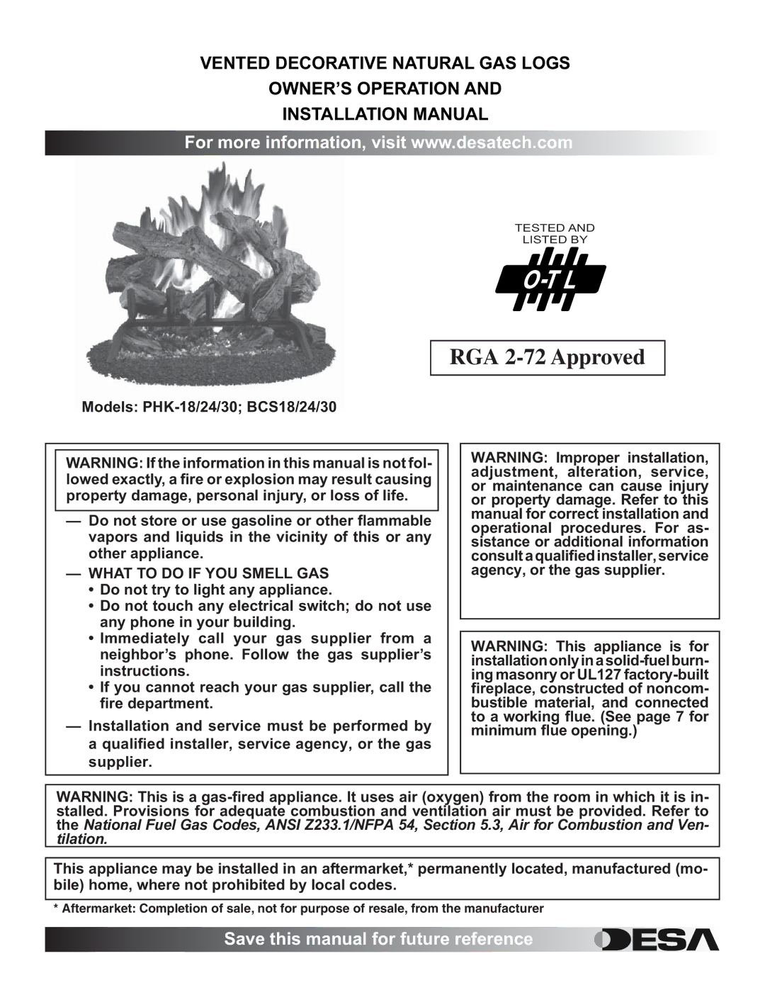 Desa BCS18, BCS24, BCS30, PHK-18, PHK-24, PHK-30 installation manual RGA 2-72 Approved, What to do if YOU Smell GAS 