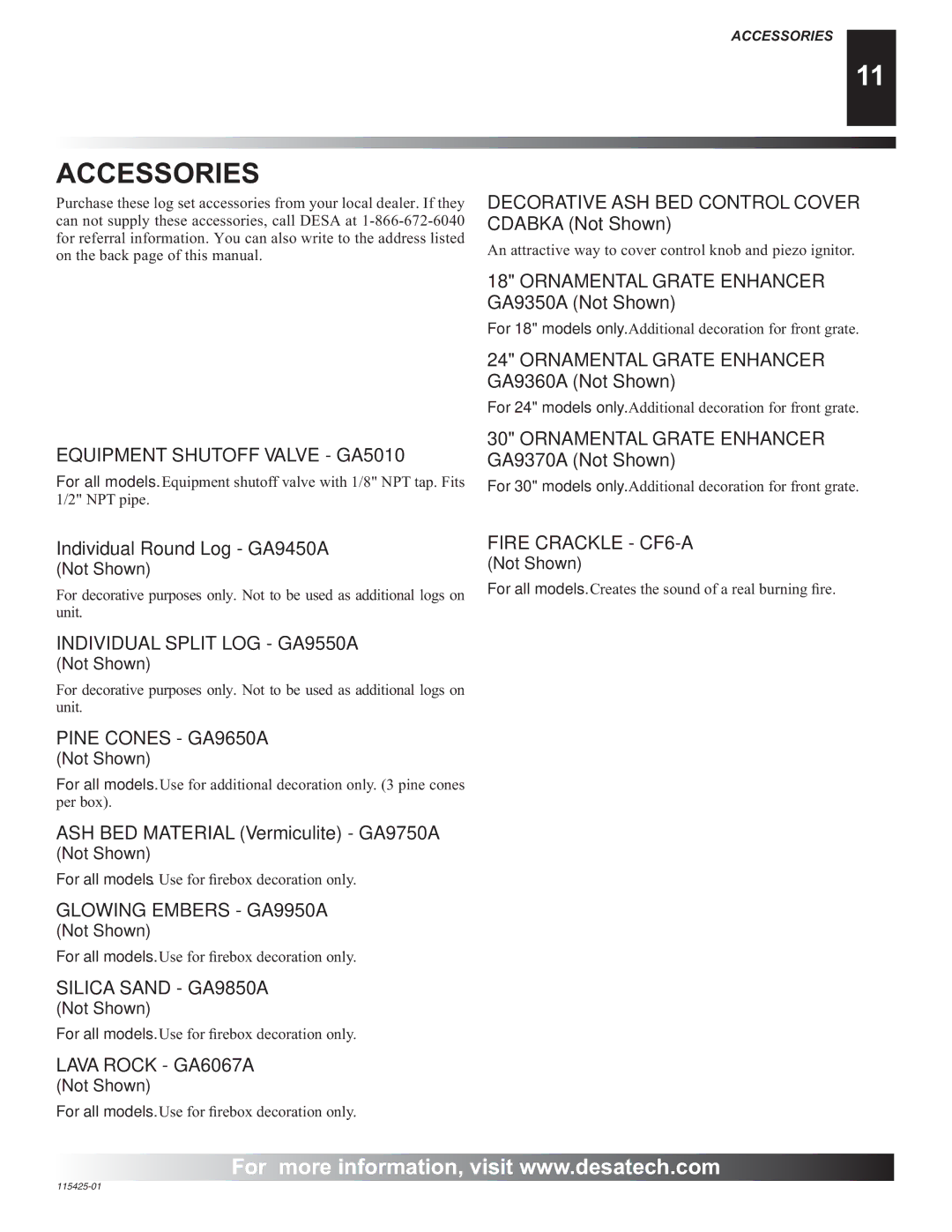 Desa BCS18, BCS24, BCS30, PHK-18, PHK-24, PHK-30 installation manual Accessories, Equipment Shutoff Valve GA5010 