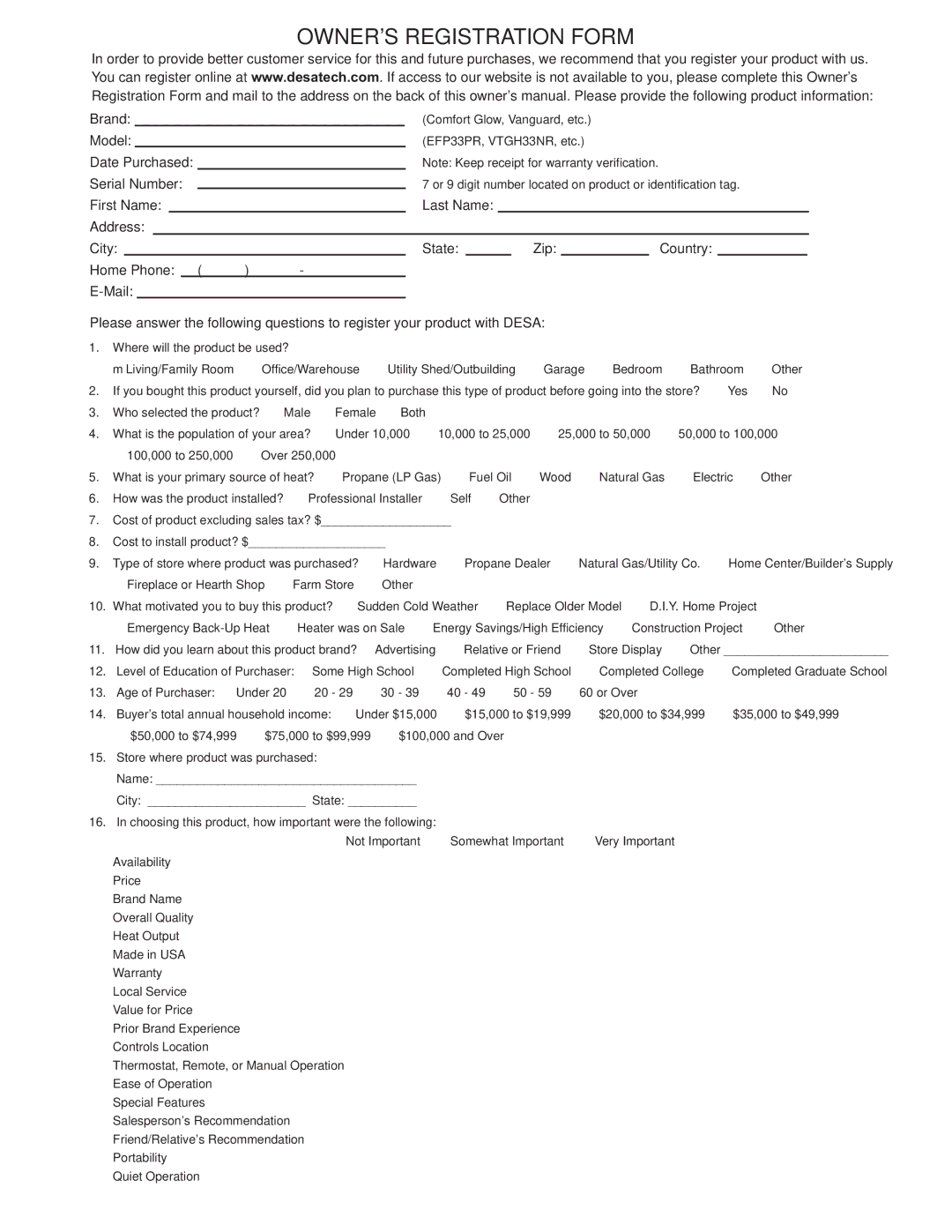 Desa PHK-18, PHK-24, PHK-30, BCS18, BCS24, BCS30 installation manual Owners Registration Form 