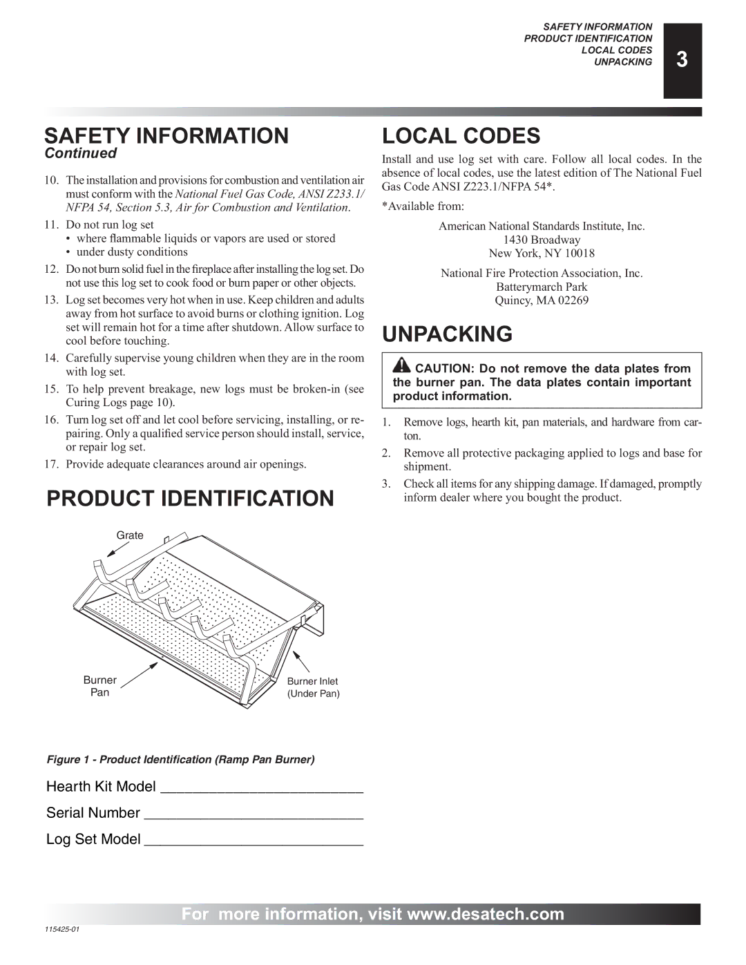 Desa BCS18, BCS24, BCS30, PHK-18, PHK-24, PHK-30 Safety Information, Product Identification, Local Codes, Unpacking 