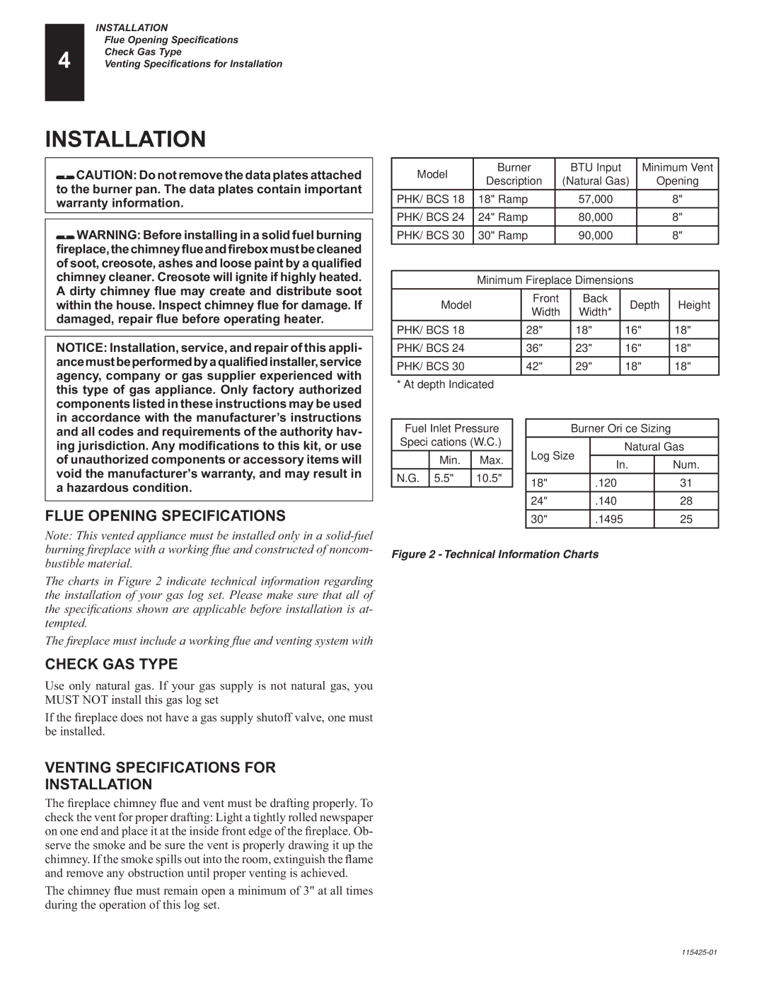 Desa PHK-18, PHK-24, PHK-30, BCS18, BCS24, BCS30 Installation, Flue Opening Specifications, Check GAS Type 