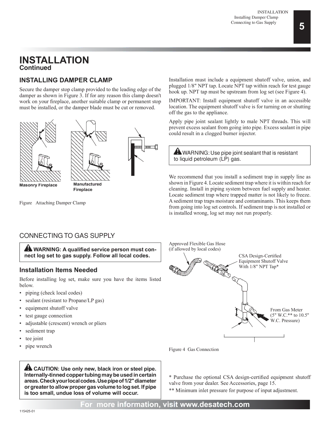 Desa BCS18, BCS24, BCS30, PHK-18, PHK-24, PHK-30 installation manual Installing Damper Clamp, Connecting to GAS Supply 