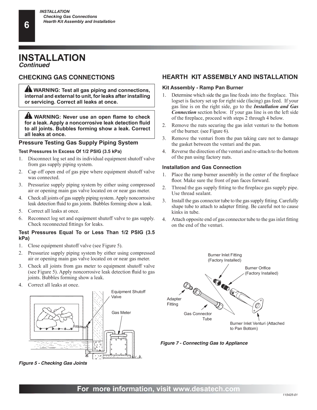 Desa PHK-18, PHK-24, PHK-30, BCS18, BCS24, BCS30 Checking GAS Connections, Hearth KIT Assembly and Installation 