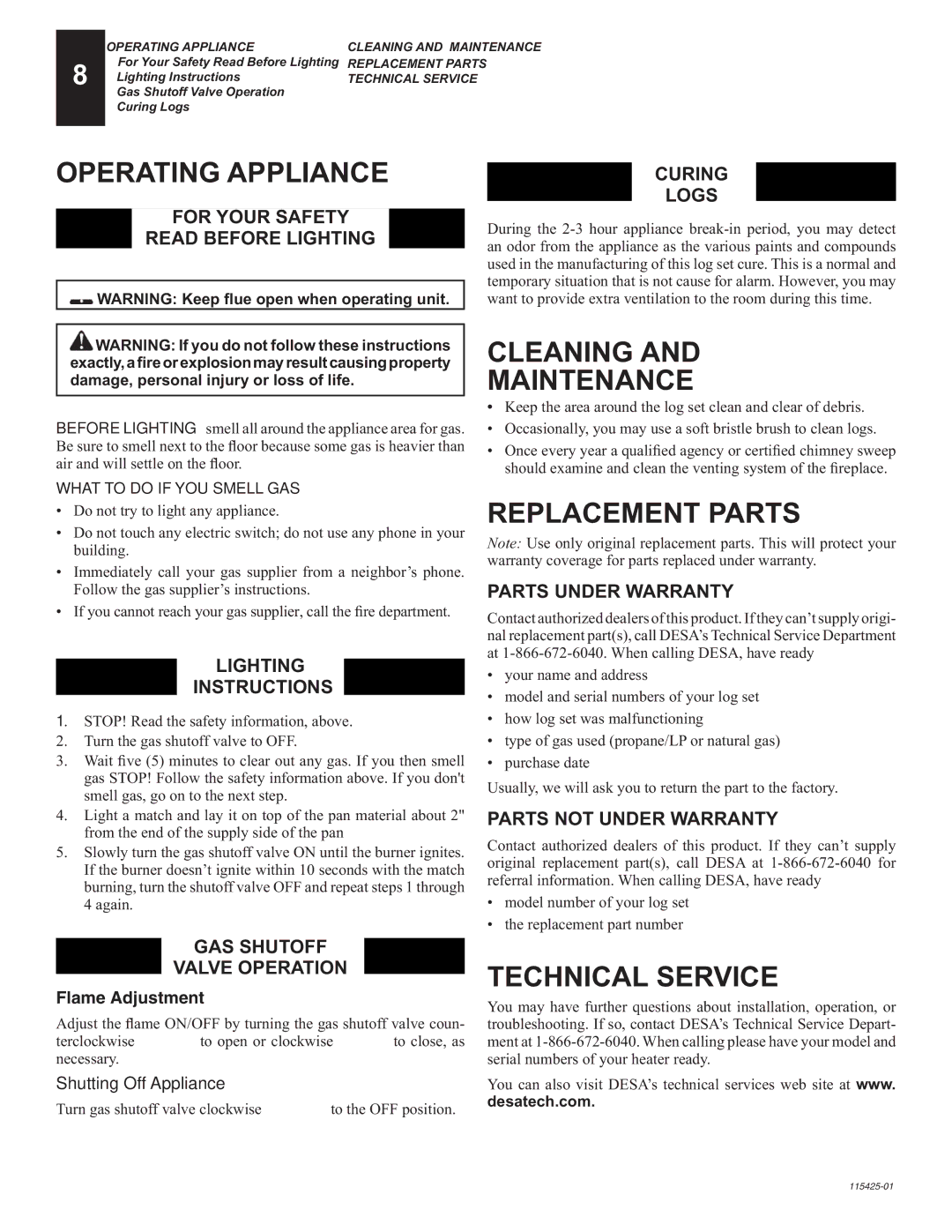 Desa PHK-18, PHK-24, PHK-30 Operating Appliance, Cleaning Maintenance, Replacement Parts, Technical Service 