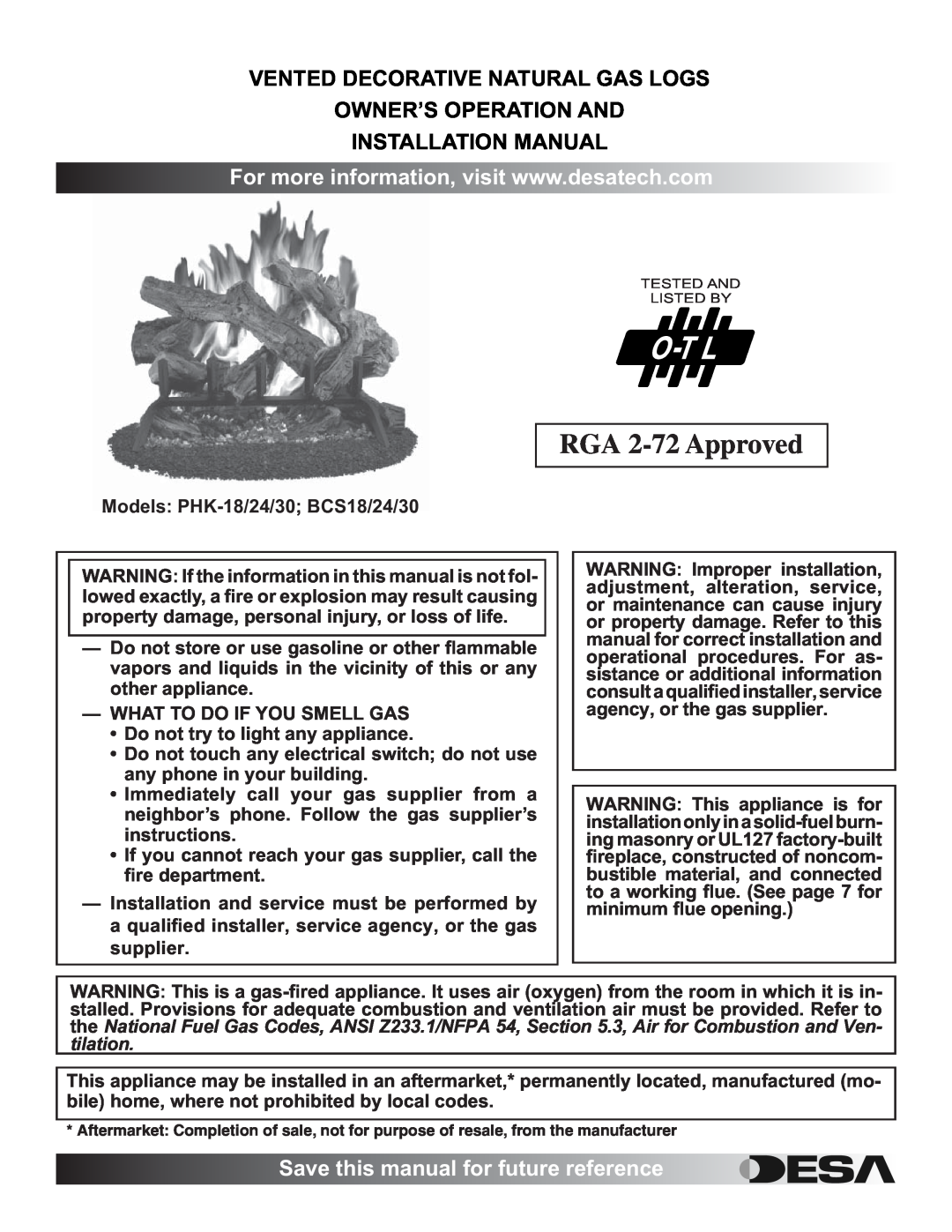 Desa BCS18, BCS24, BCS30 installation manual Save this manual for future reference, RGA 2-72Approved 