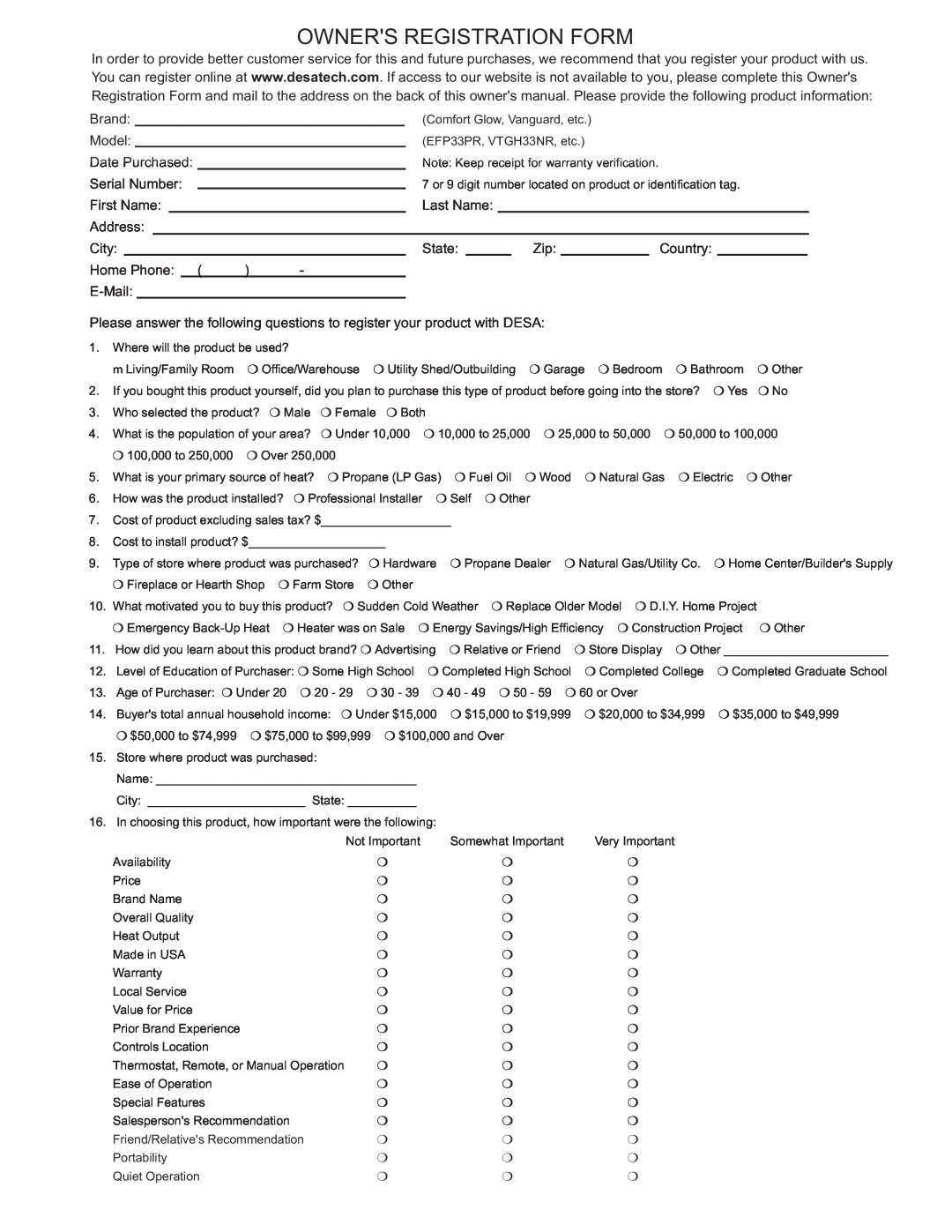 Desa PHK-18, PHK-24, PHK-30, BCS18, BCS24, BCS30 installation manual Owners Registration Form 
