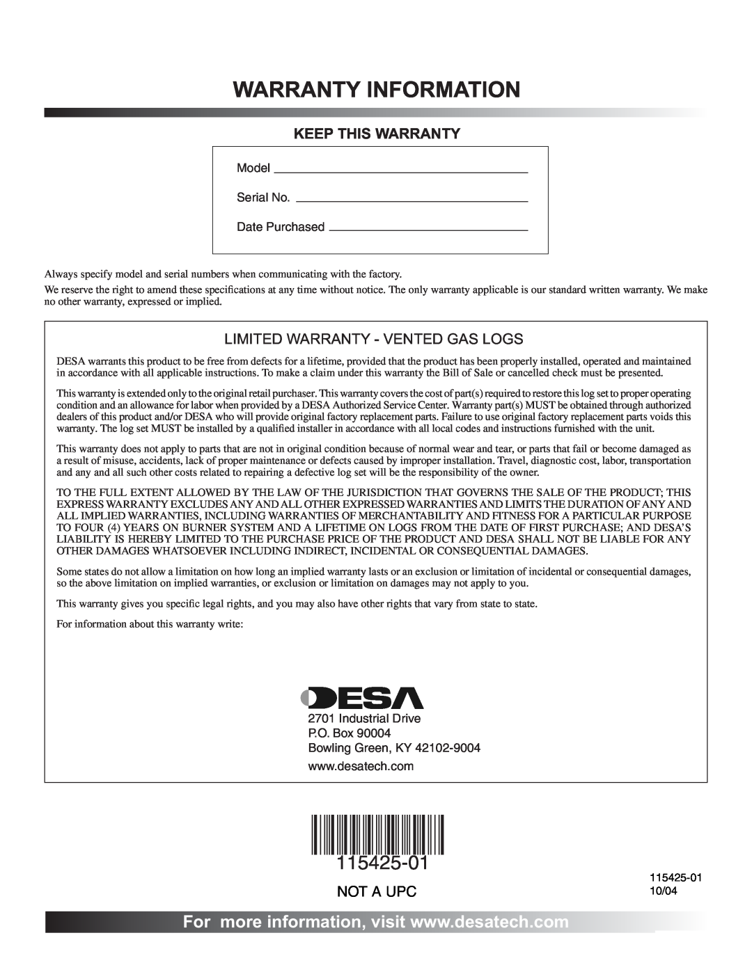 Desa PHK-18, PHK-24, PHK-30 Warranty Information, Not A Upc, 115425-01, Limited Warranty - Vented Gas Logs 