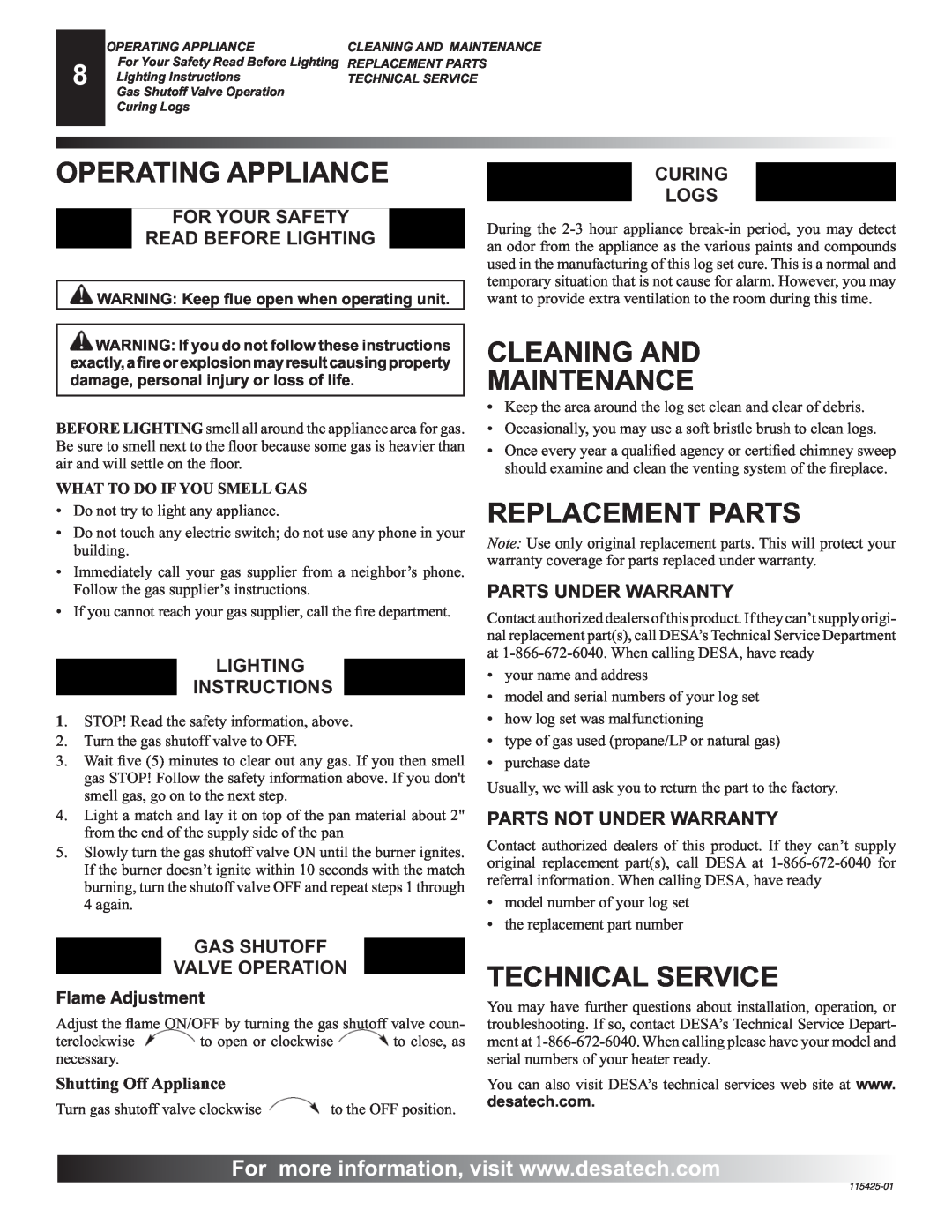 Desa PHK-18, PHK-24, PHK-30 Operating Appliance, Cleaning And Maintenance, Replacement Parts, Technical Service 